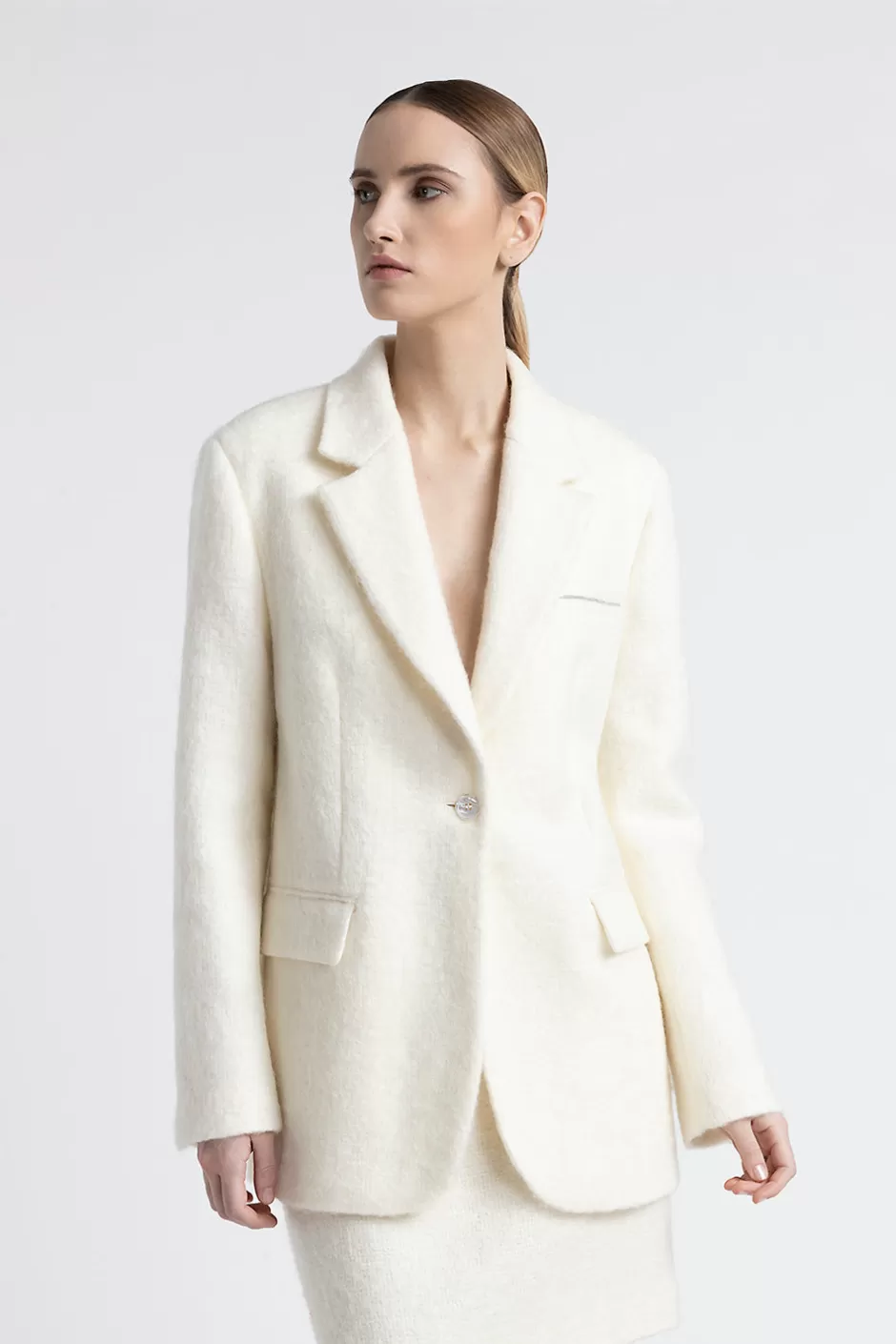 Completi E Set Coordinati | Blazer E Gilet | Peserico Blazer Monopetto In Panno Di Lana E Mohair A Pelo Lungo Bianco naturale