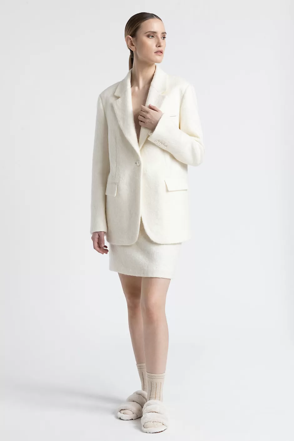 Completi E Set Coordinati | Blazer E Gilet | Peserico Blazer Monopetto In Panno Di Lana E Mohair A Pelo Lungo Bianco naturale