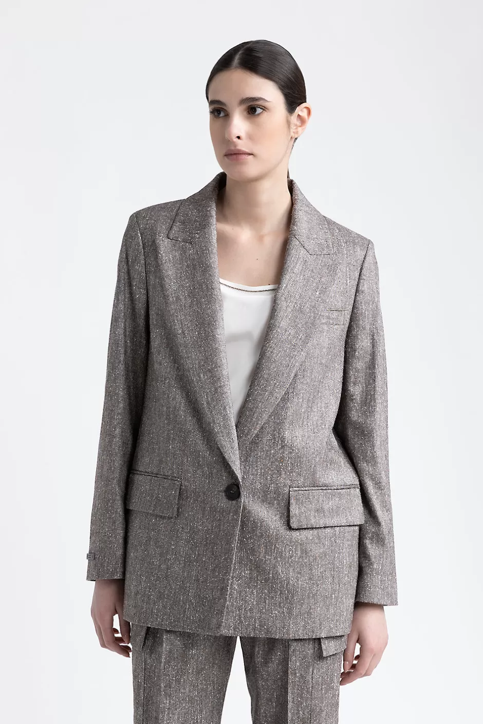 Blazer E Gilet | Peserico Blazer Monopetto In Tweed Di Lana, Seta E Cotone Noce