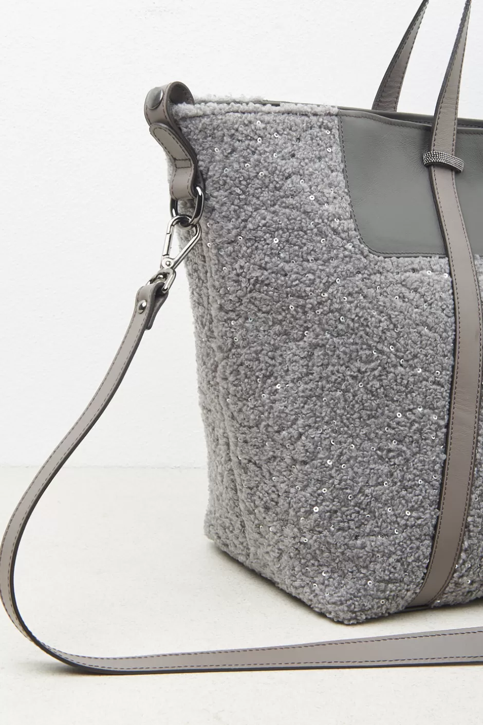 Accessori | Borse | Peserico Borsa Shopping In Eco-pelliccia Con Paillettes E Punto Luce Granito