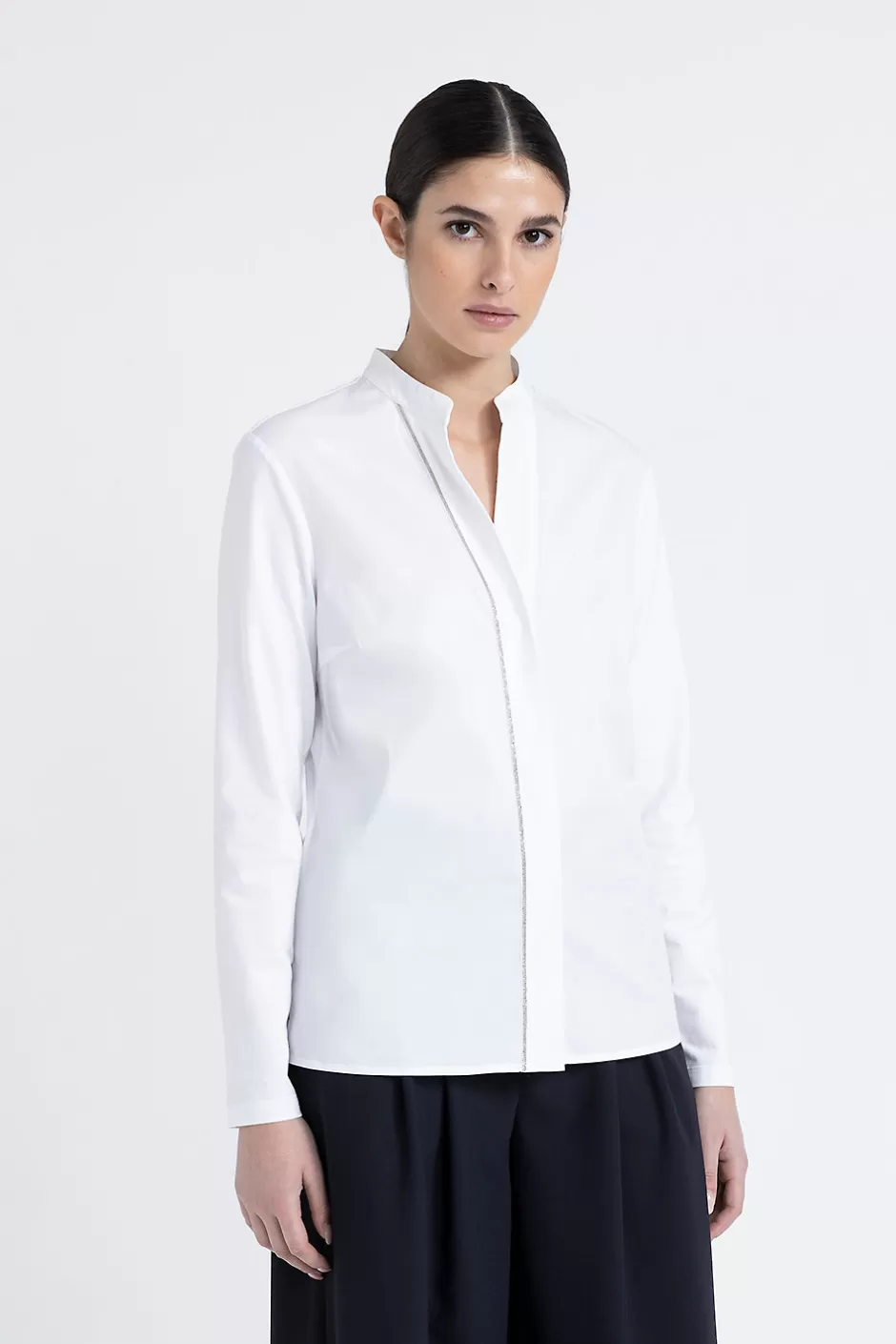 Camicie E Bluse | Peserico Camicia Coreana In Popeline E Jersey Di Cotone Bianco Puro