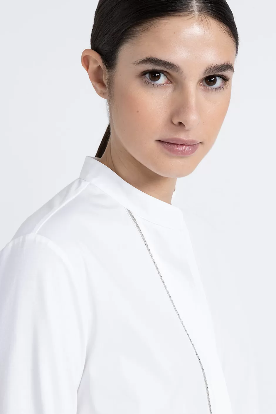 Camicie E Bluse | Peserico Camicia Coreana In Popeline E Jersey Di Cotone Bianco Puro