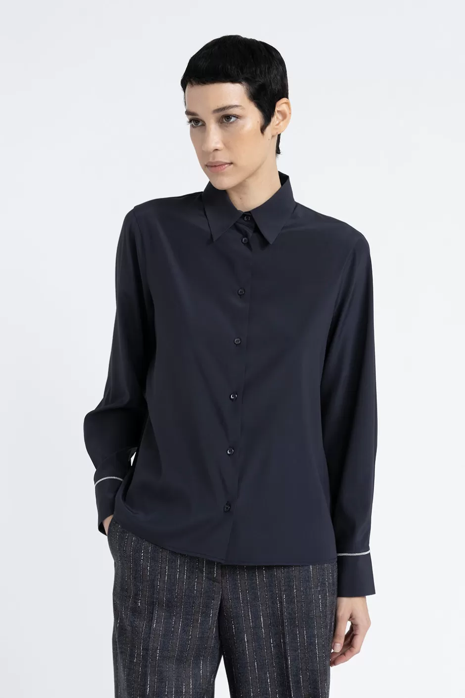 Camicie E Bluse | Peserico Camicia In Crepe De Chine Di Seta Stretch Blu calamaio