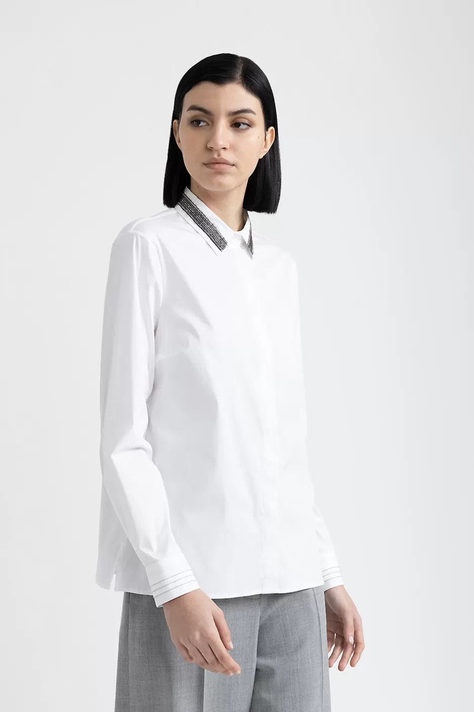 Camicie E Bluse | Peserico Camicia In Popeline Di Cotone Stretch Con Punto Luce Bianco Puro