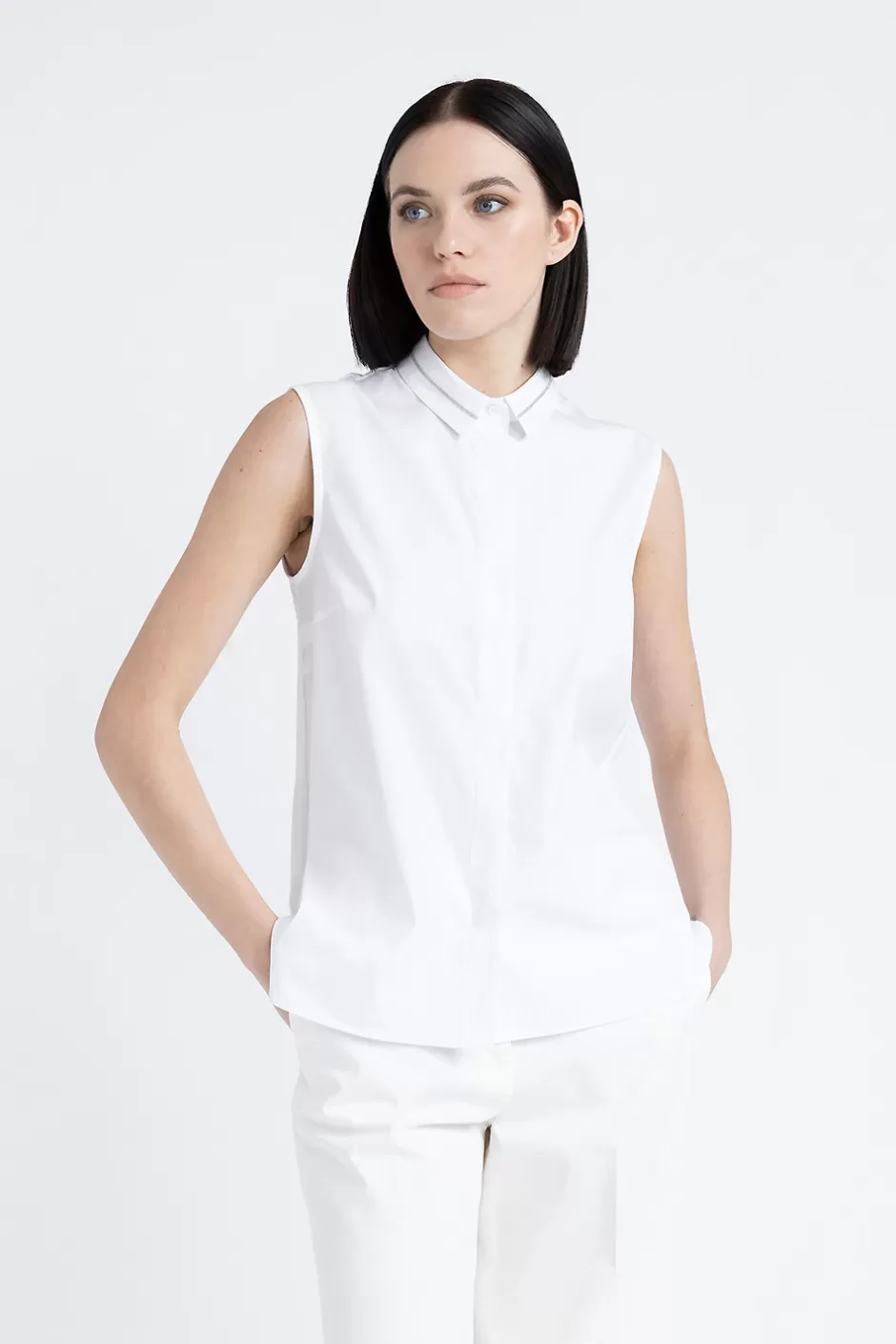 Camicie E Bluse | Peserico Camicia Senza Maniche In Popeline Bianco Puro