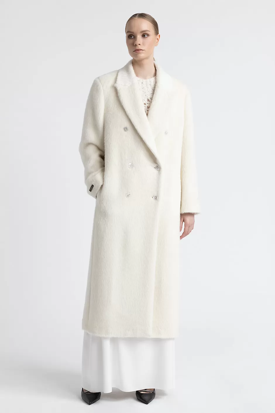 Capispalla | Peserico Cappotto Doppiopetto In Panno A Pelo Lungo In Alpaca E Lana Bianco naturale