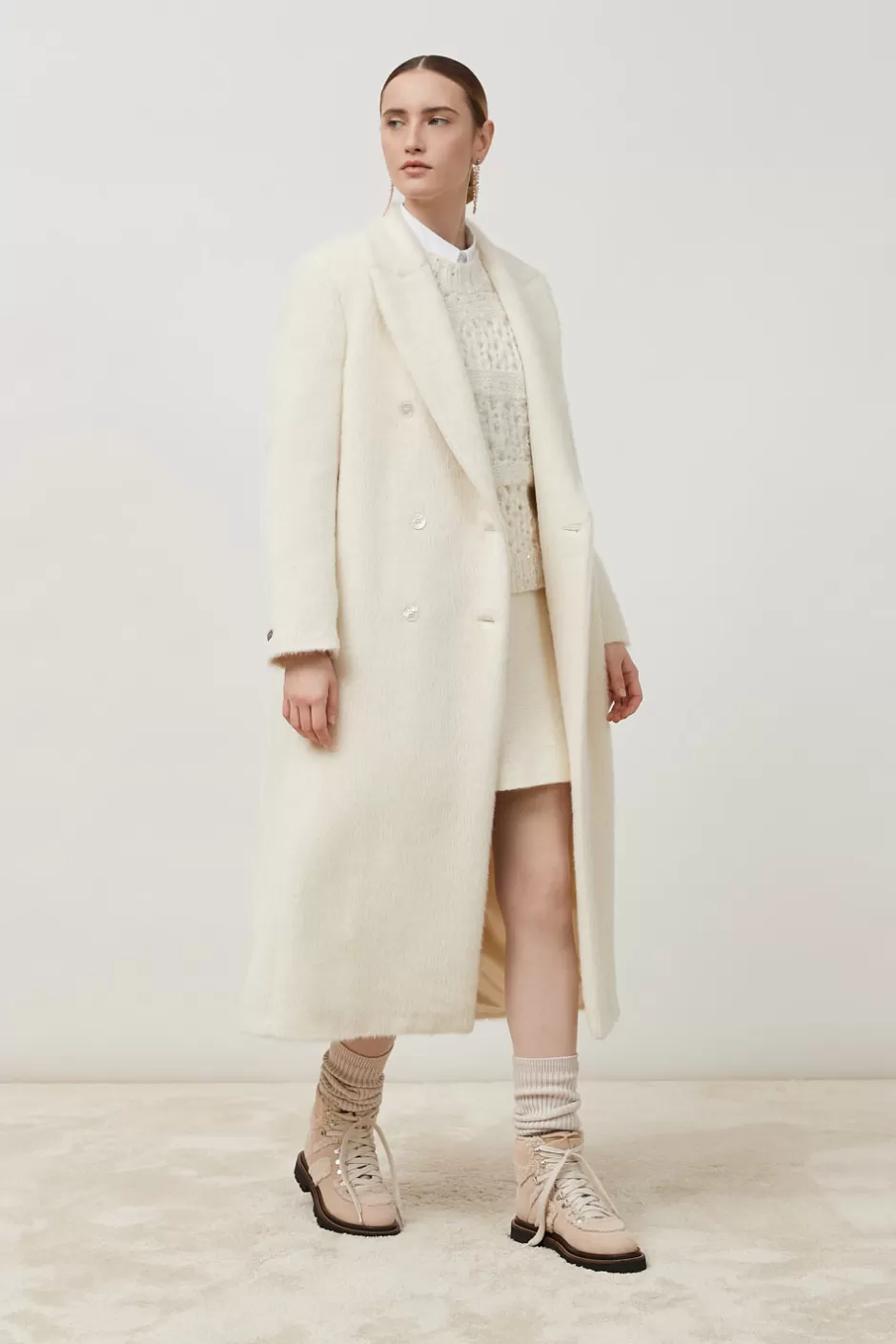 Capispalla | Peserico Cappotto Doppiopetto In Panno A Pelo Lungo In Alpaca E Lana Bianco naturale