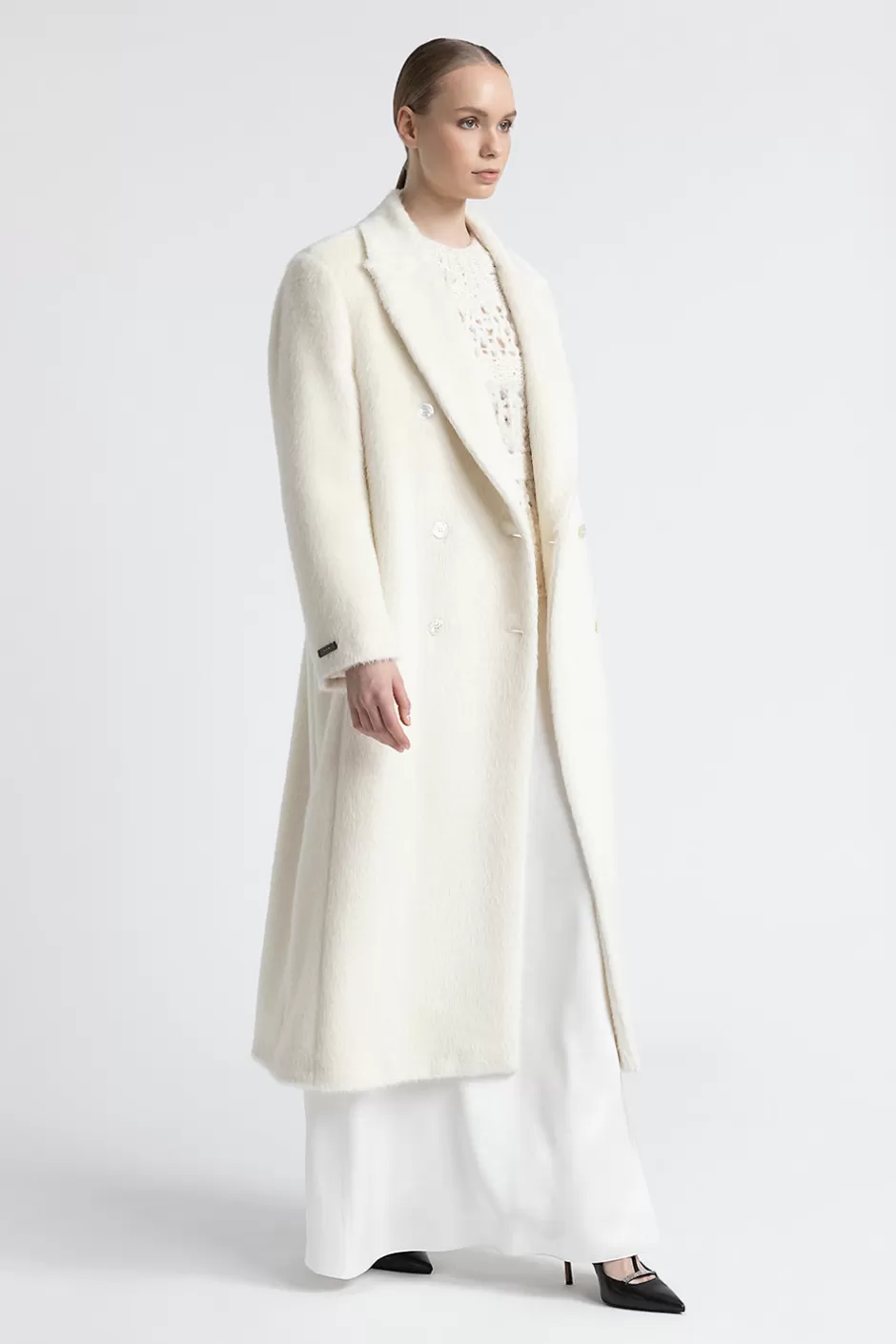 Capispalla | Peserico Cappotto Doppiopetto In Panno A Pelo Lungo In Alpaca E Lana Bianco naturale