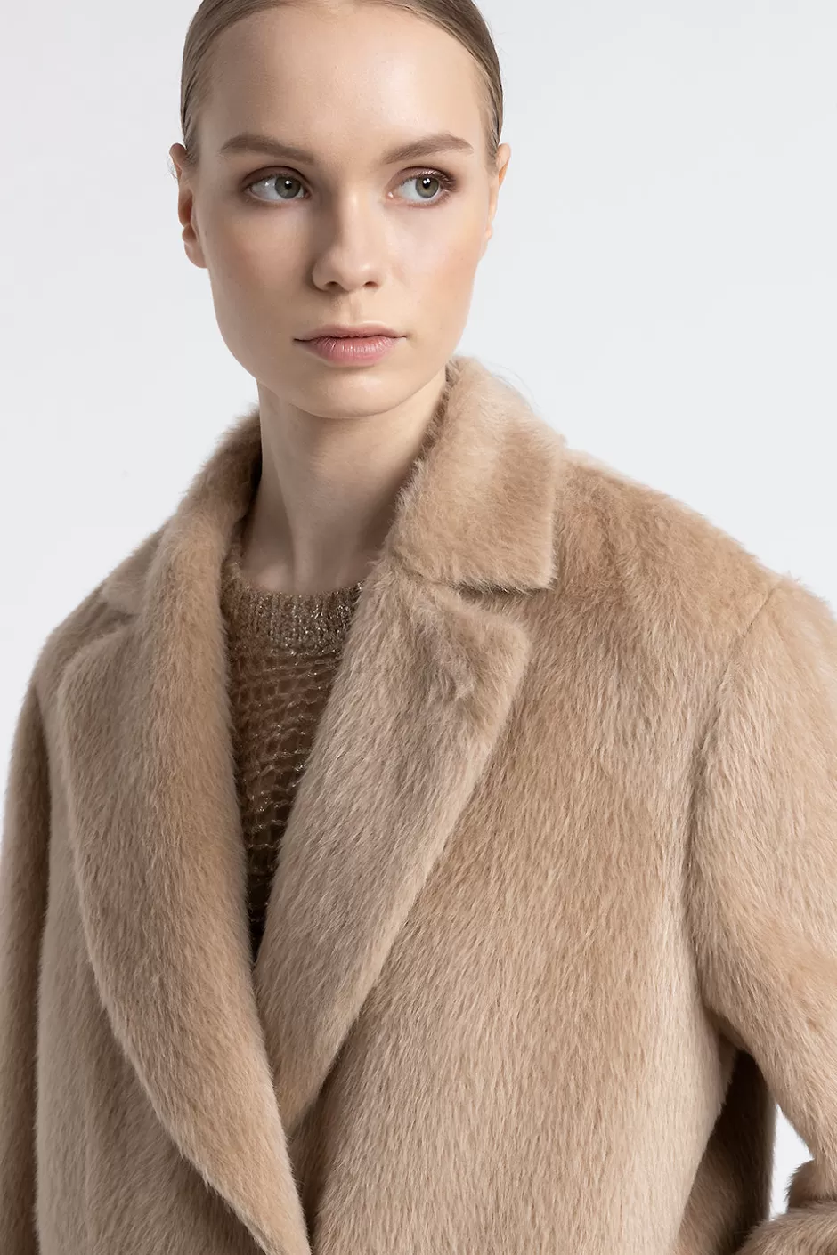 Capispalla | Peserico Cappotto Doppiopetto In Panno A Pelo Lungo In Alpaca E Lana Cammello