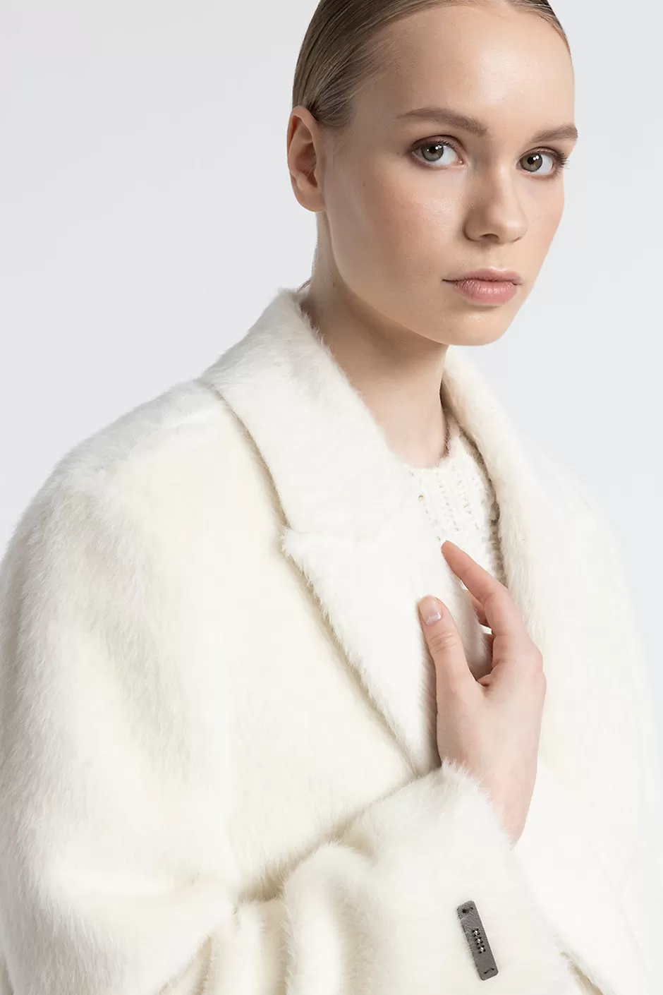 Capispalla | Peserico Cappotto Doppiopetto In Panno A Pelo Lungo In Alpaca E Lana Bianco naturale