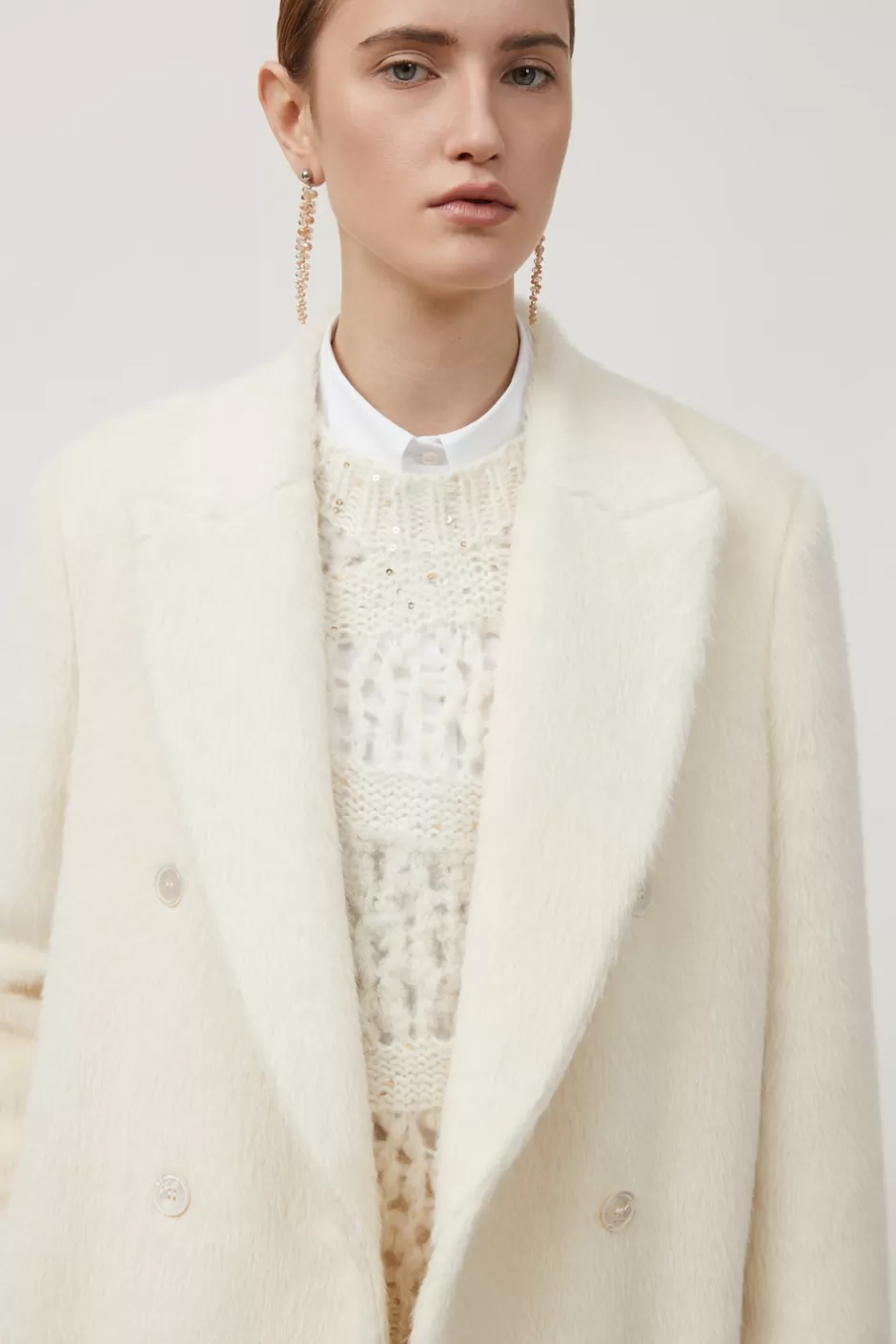 Capispalla | Peserico Cappotto Doppiopetto In Panno A Pelo Lungo In Alpaca E Lana Bianco naturale