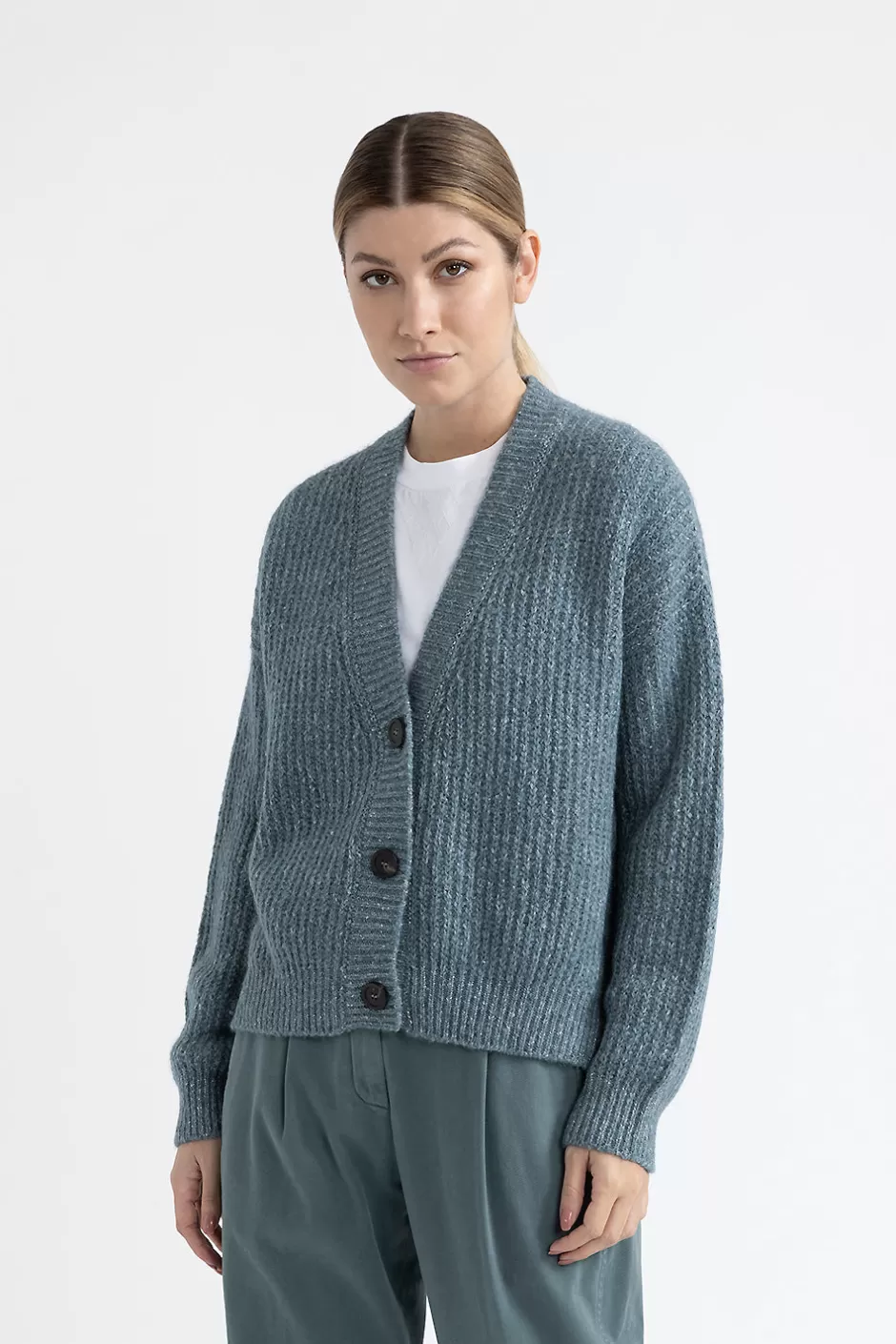 Maglieria | Peserico Cardigan In Alpaca, Mohair E Cotone Con Lurex Verde Alpino