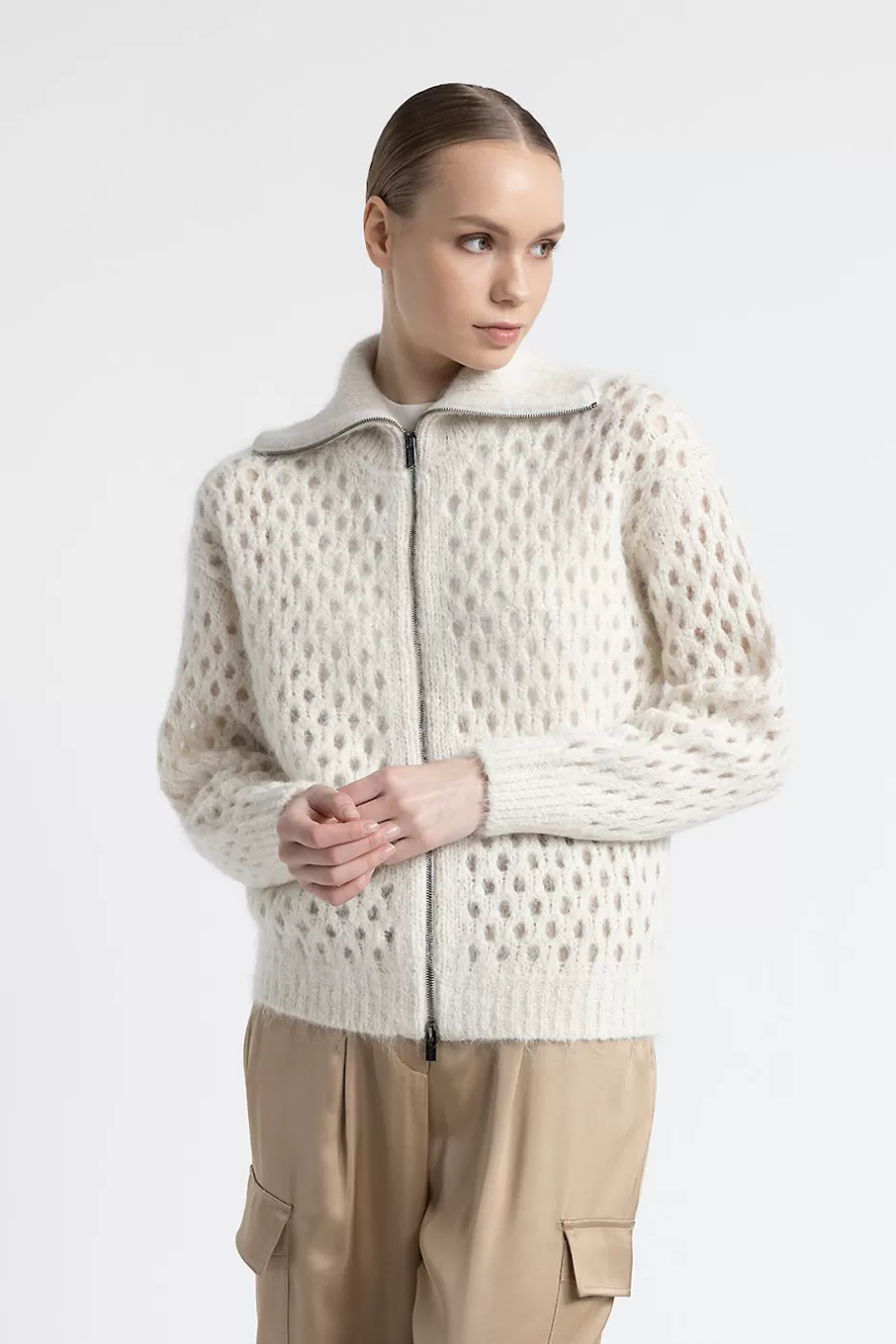 Maglieria | Peserico Cardigan Con Zip In Alpaca E Mohair Con Lurex Bianco naturale