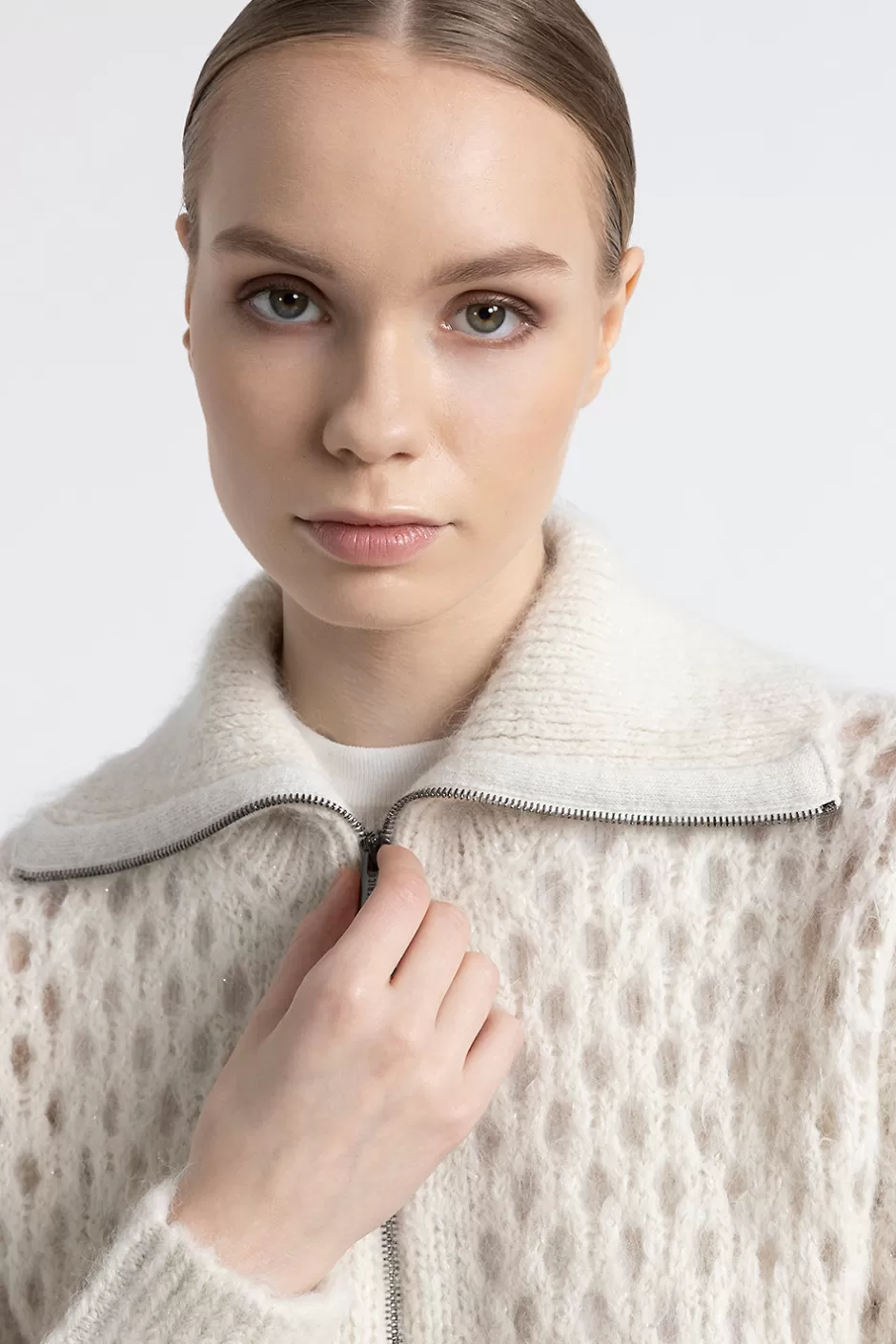 Maglieria | Peserico Cardigan Con Zip In Alpaca E Mohair Con Lurex Bianco naturale