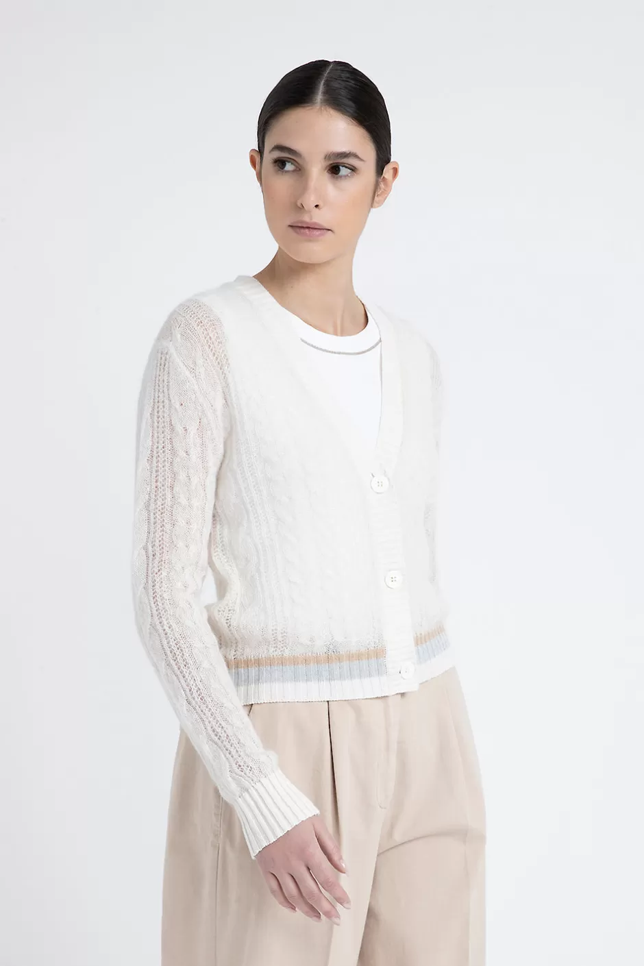 Maglieria | Peserico Cardigan Girocollo A Trecce In Lana Merino, Alpaca E Lurex Bianco naturale