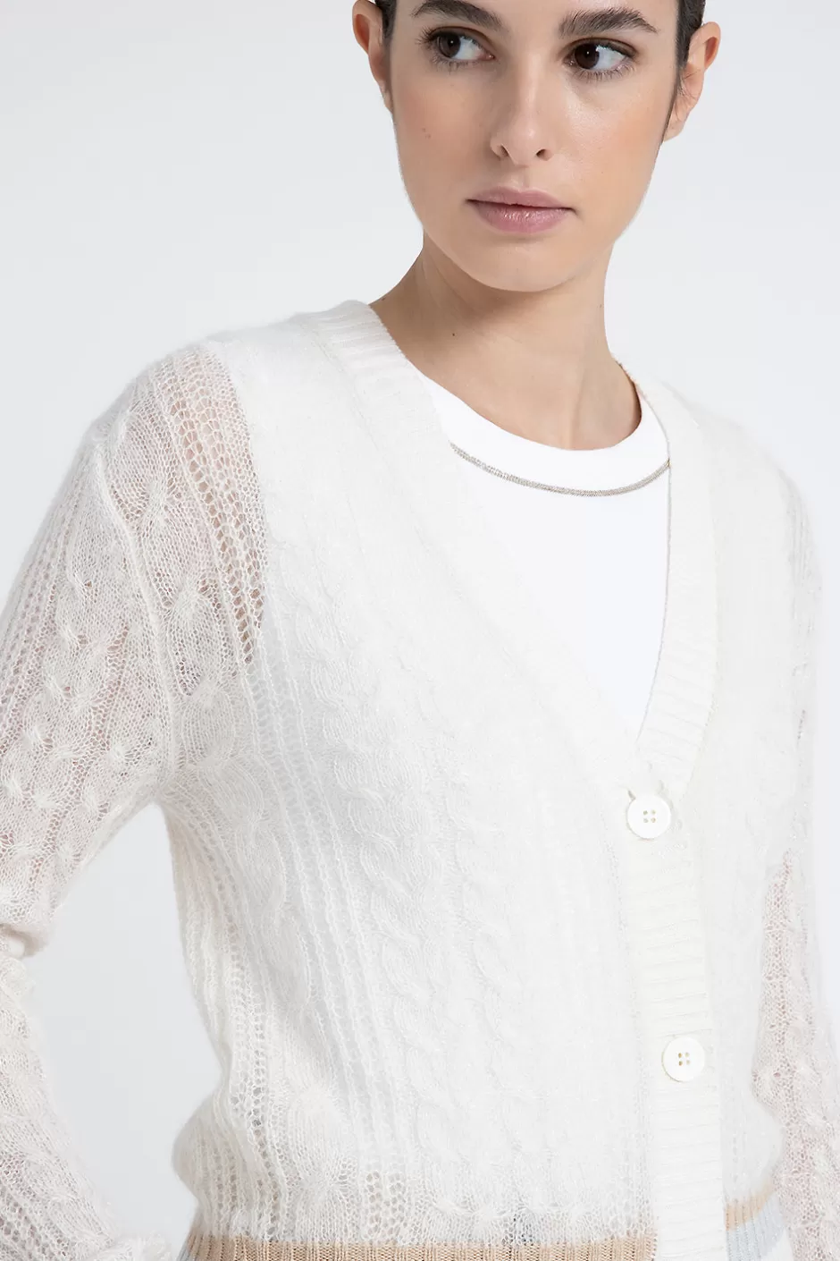 Maglieria | Peserico Cardigan Girocollo A Trecce In Lana Merino, Alpaca E Lurex Bianco naturale