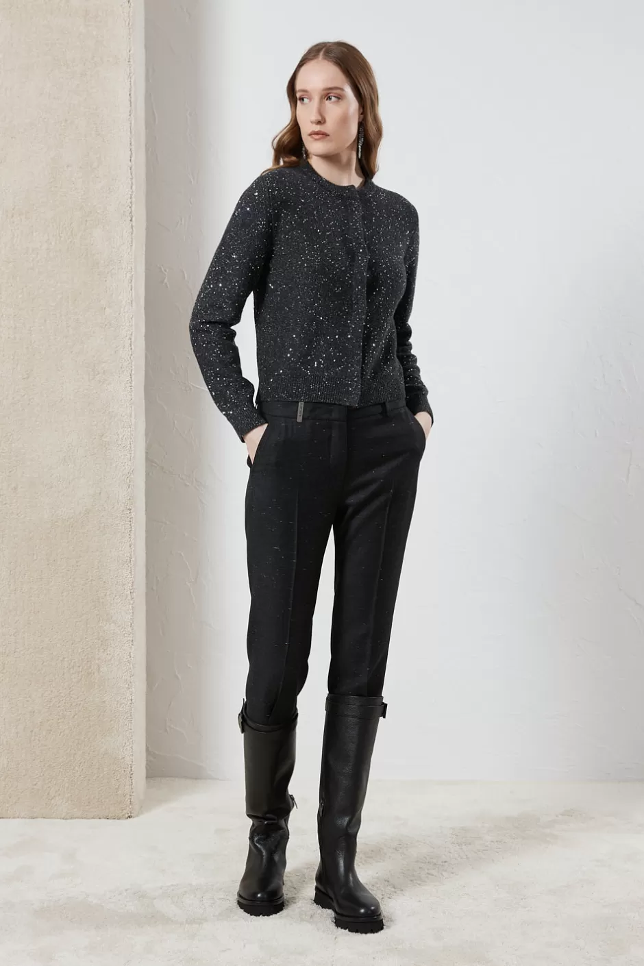 Maglieria | Peserico Cardigan Girocollo In Lana, Cashmere Con Lurex E Paillettes Grafite