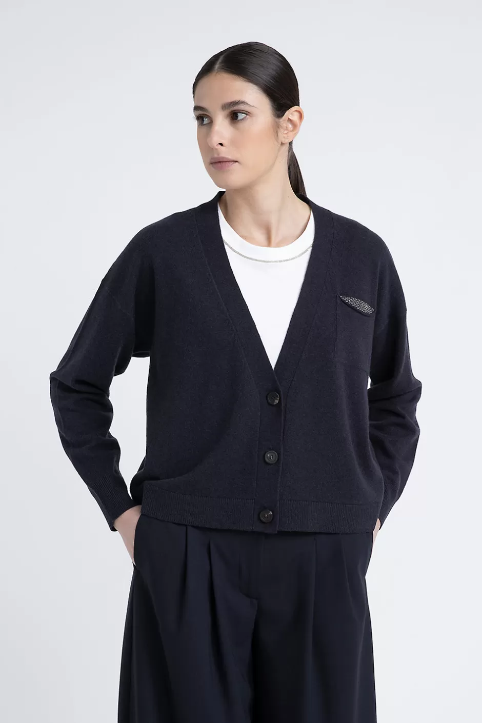 Maglieria | Peserico Cardigan In Rasato Di Lana Seta Cashmere Blu calamaio