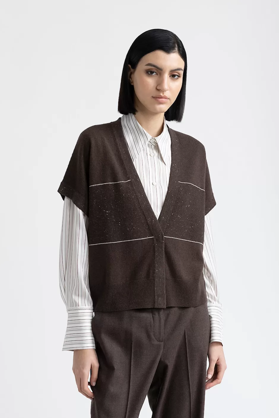 Maglieria | Peserico Cardigan Maniche Corte In Lana, Seta E Cashmere Con Lurex Noce