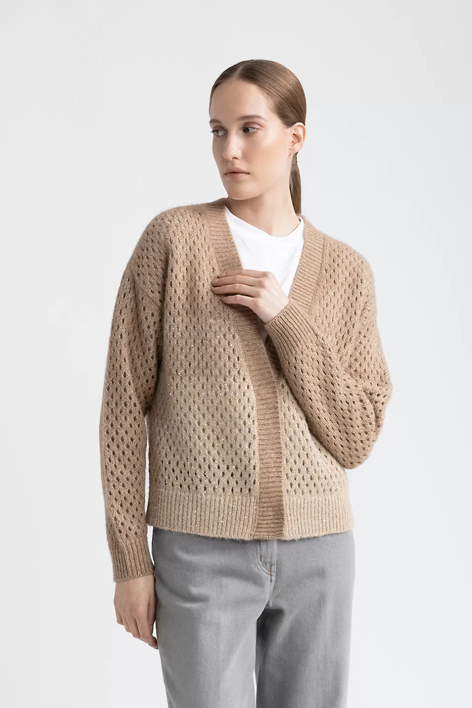 Maglieria | Peserico Cardigan Traforato In Lana, Seta, Cashmere, Alpaca Con Lurex E Micropaillettes Latte macchiato