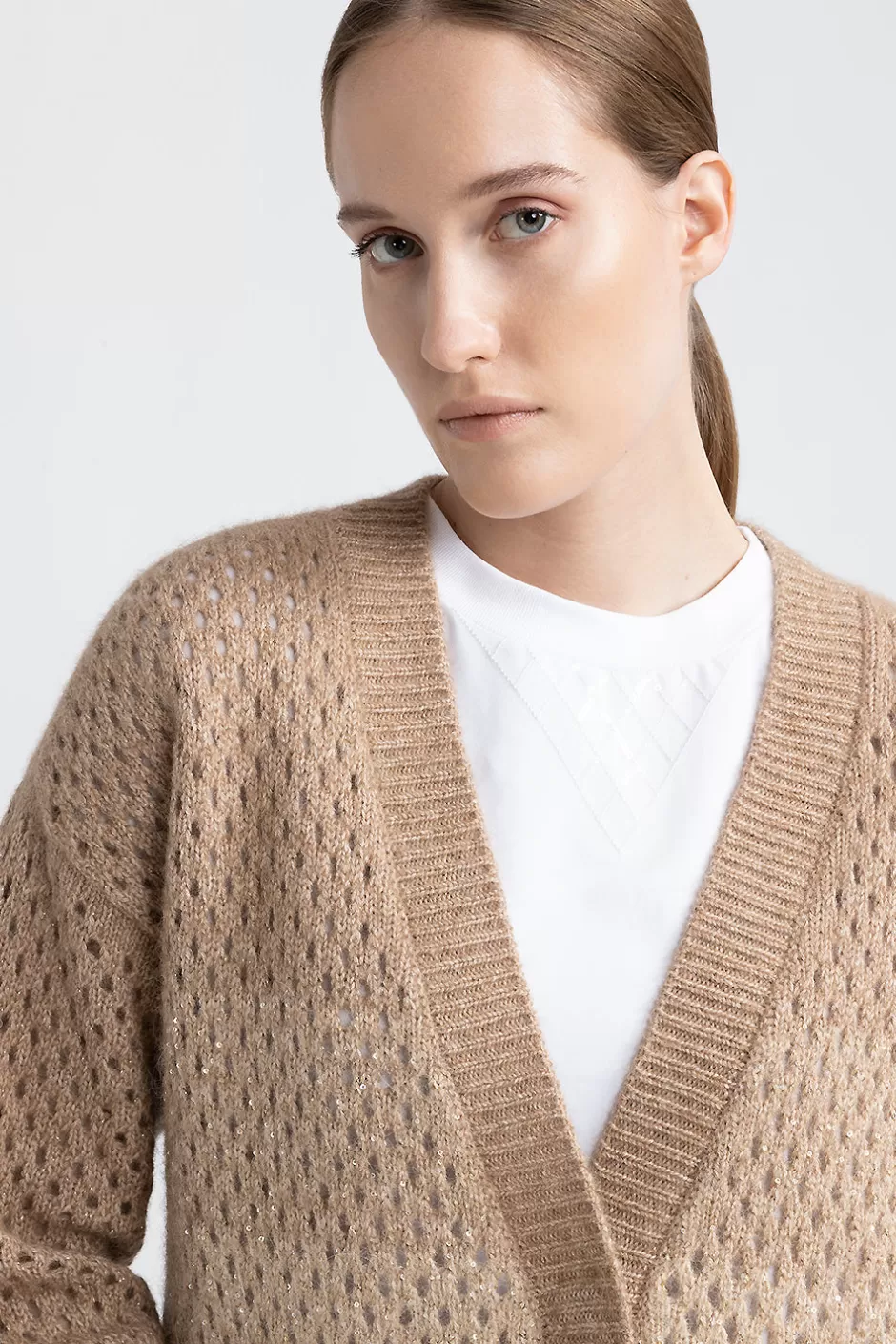 Maglieria | Peserico Cardigan Traforato In Lana, Seta, Cashmere, Alpaca Con Lurex E Micropaillettes Latte macchiato
