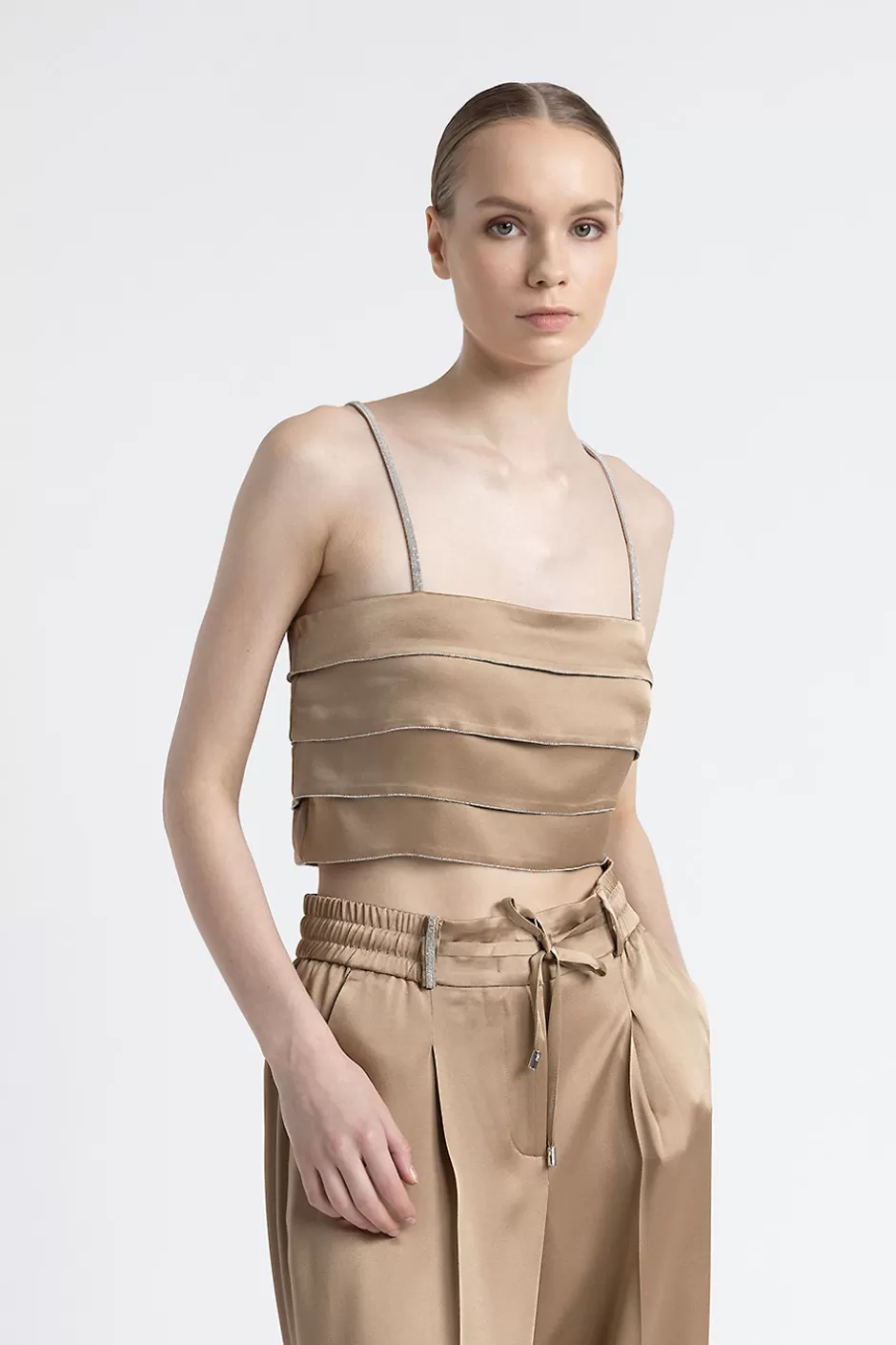 Top E T-Shirt | Peserico Corpetto A Balze In Cady Enver Satin Con Punto Luce Cammello