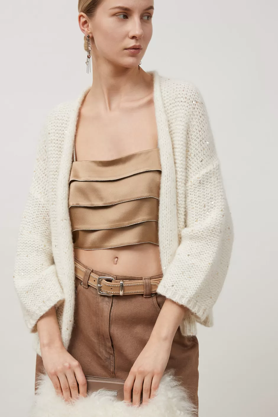 Top E T-Shirt | Peserico Corpetto A Balze In Cady Enver Satin Con Punto Luce Cammello