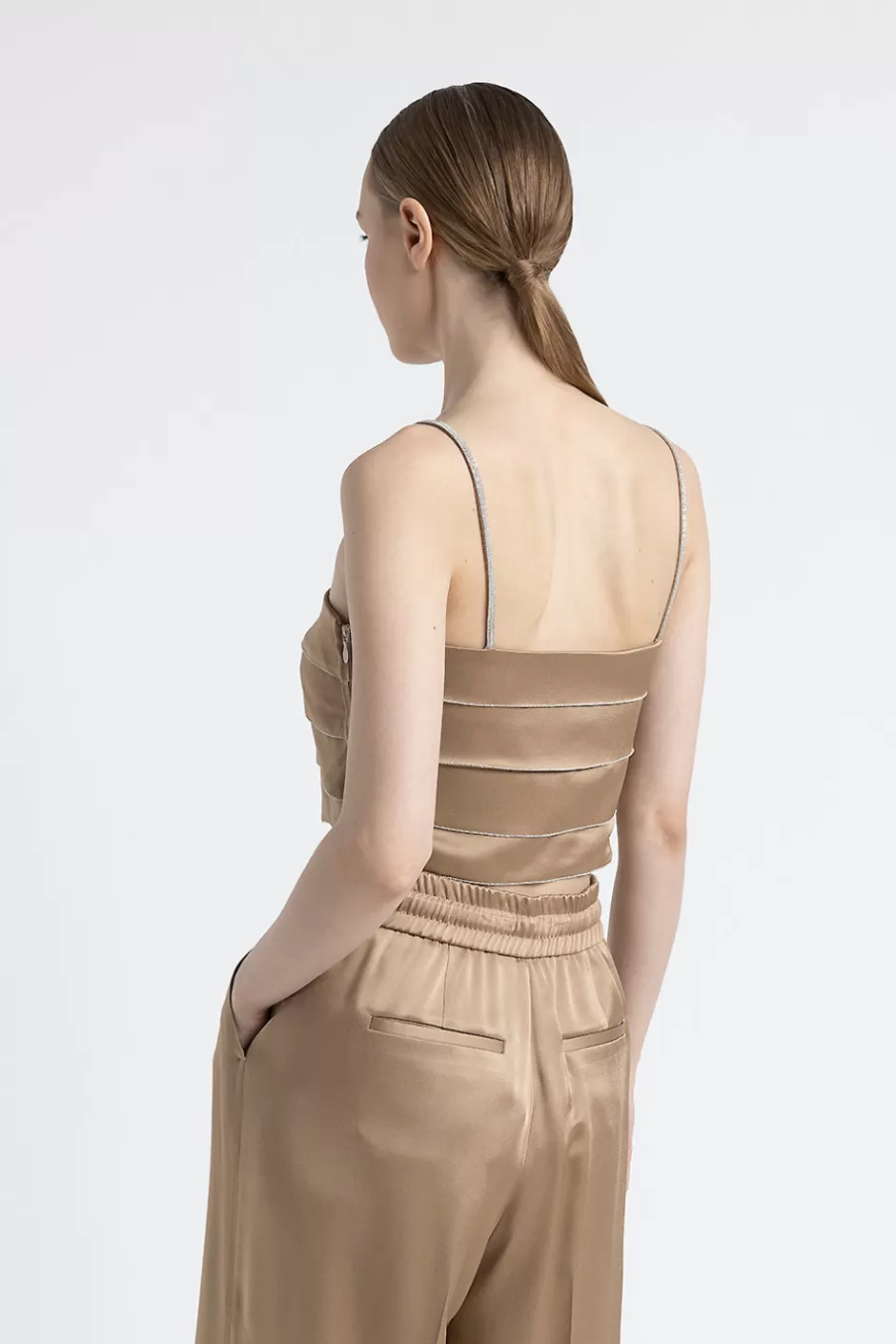 Top E T-Shirt | Peserico Corpetto A Balze In Cady Enver Satin Con Punto Luce Cammello