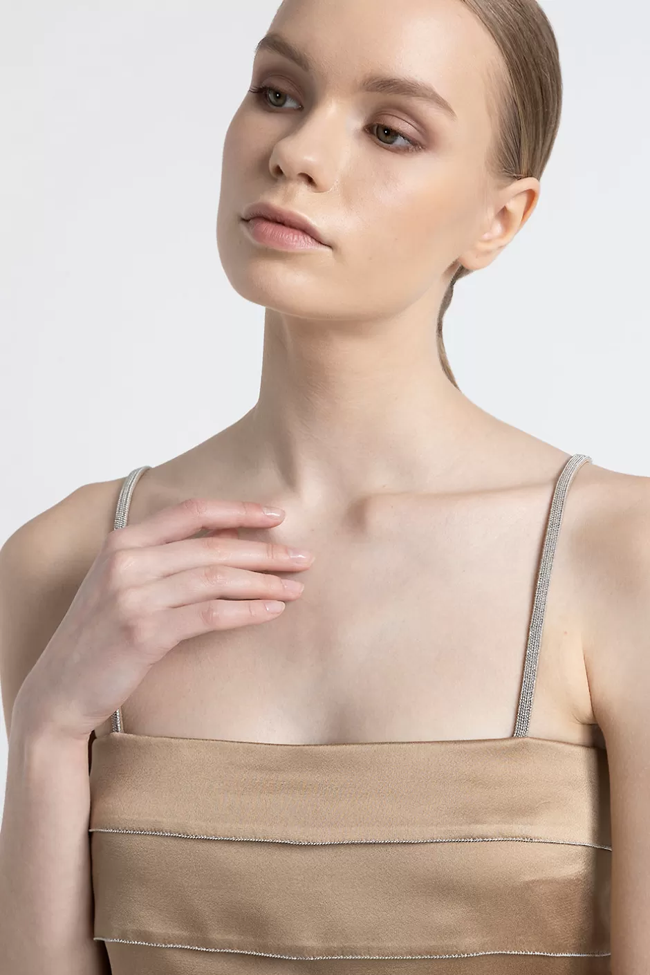 Top E T-Shirt | Peserico Corpetto A Balze In Cady Enver Satin Con Punto Luce Cammello