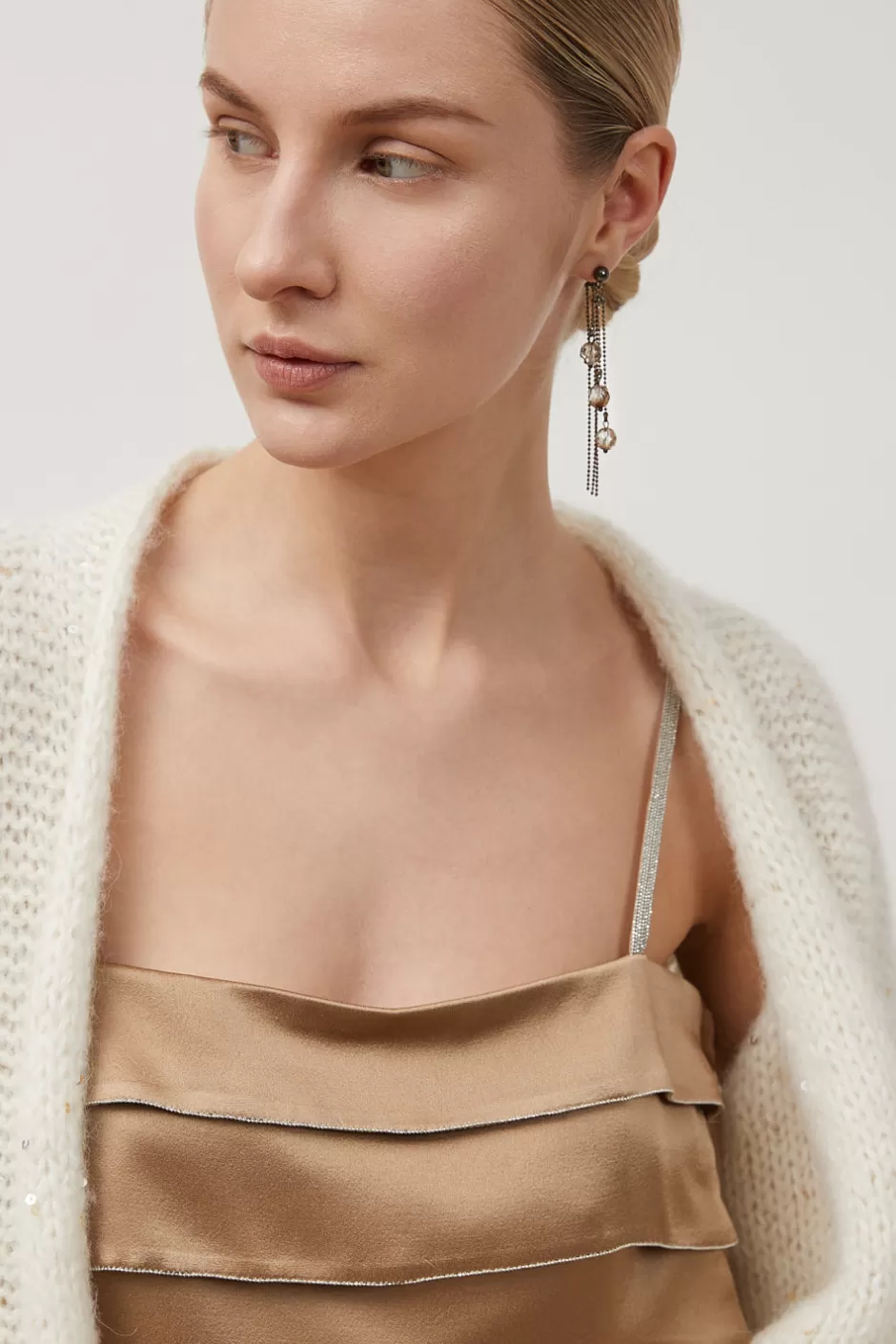 Top E T-Shirt | Peserico Corpetto A Balze In Cady Enver Satin Con Punto Luce Cammello