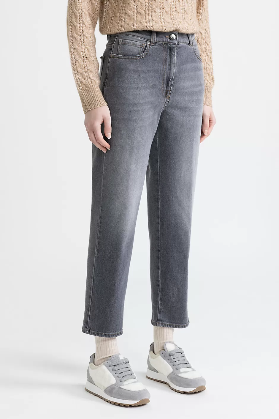 Denim | Pantaloni | Peserico Denim Straight Cropped Di Cotone Comfort Grigio