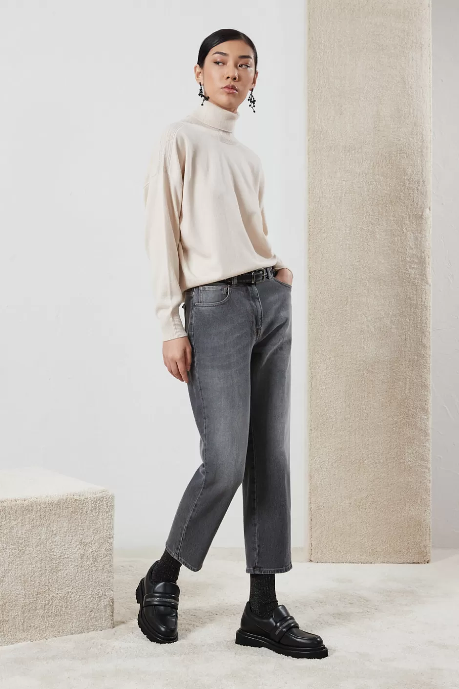 Denim | Pantaloni | Peserico Denim Straight Cropped Di Cotone Comfort Grigio