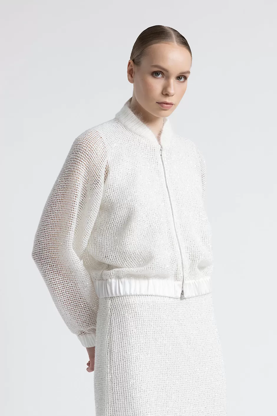 Felpe | Top E T-Shirt | Peserico Felpa Bomber In Rete Di Lana, Mohair E Micro Paillettes Bianco naturale