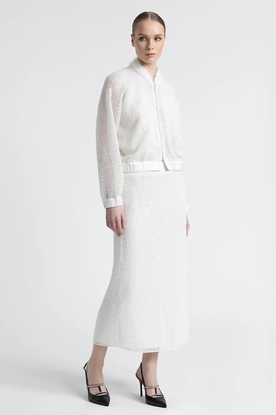 Felpe | Top E T-Shirt | Peserico Felpa Bomber In Rete Di Lana, Mohair E Micro Paillettes Bianco naturale