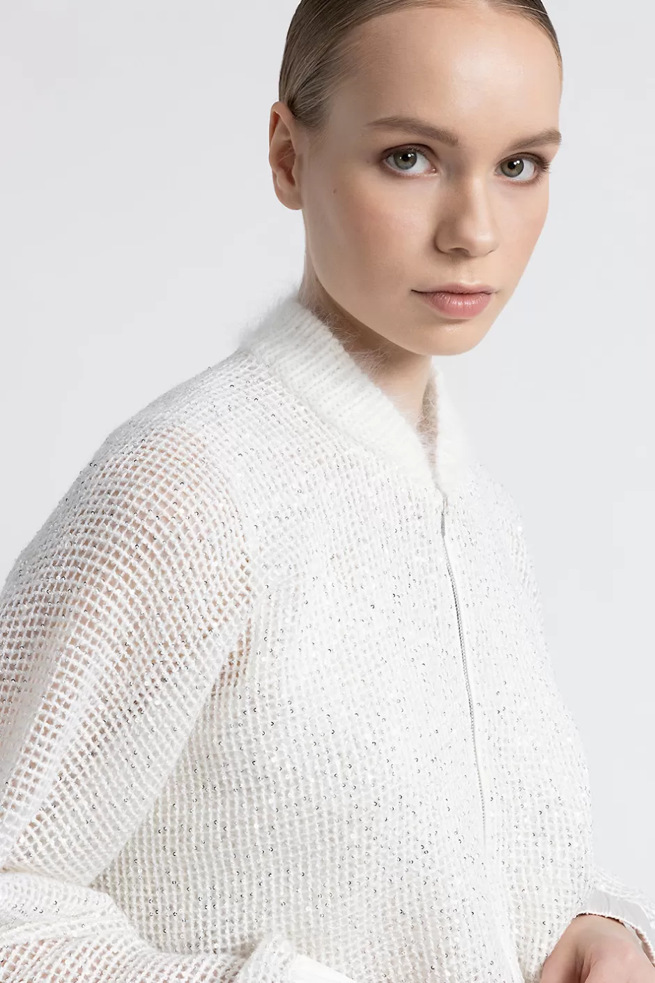 Felpe | Top E T-Shirt | Peserico Felpa Bomber In Rete Di Lana, Mohair E Micro Paillettes Bianco naturale
