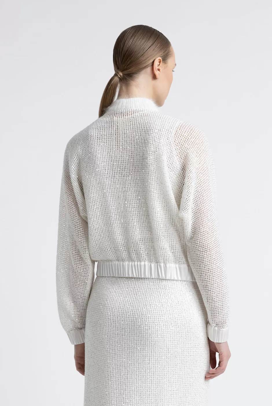 Felpe | Top E T-Shirt | Peserico Felpa Bomber In Rete Di Lana, Mohair E Micro Paillettes Bianco naturale