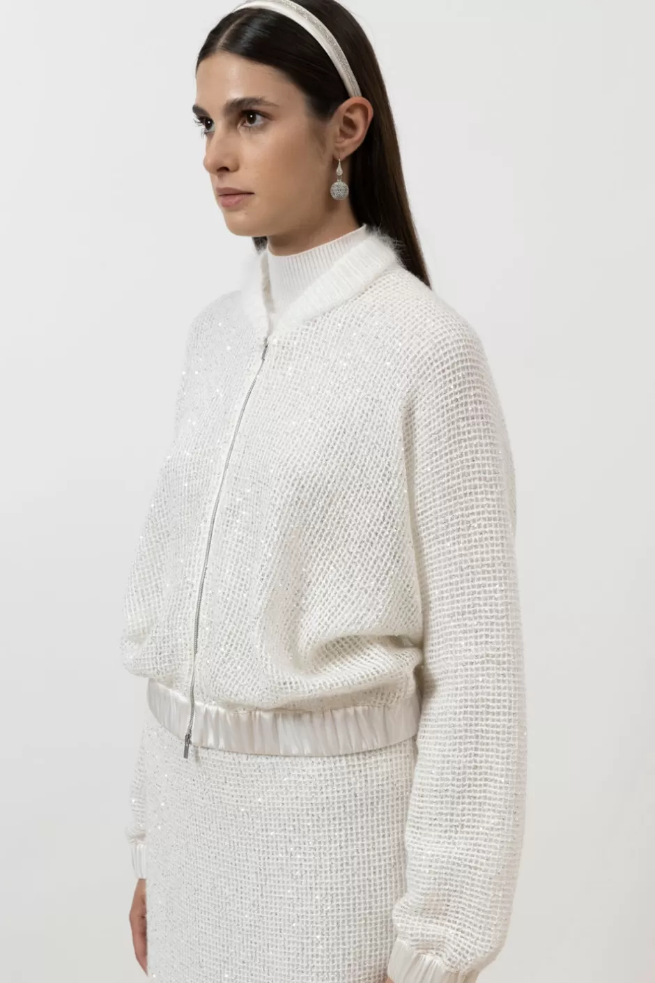 Felpe | Top E T-Shirt | Peserico Felpa Bomber In Rete Di Lana, Mohair E Micro Paillettes Bianco naturale