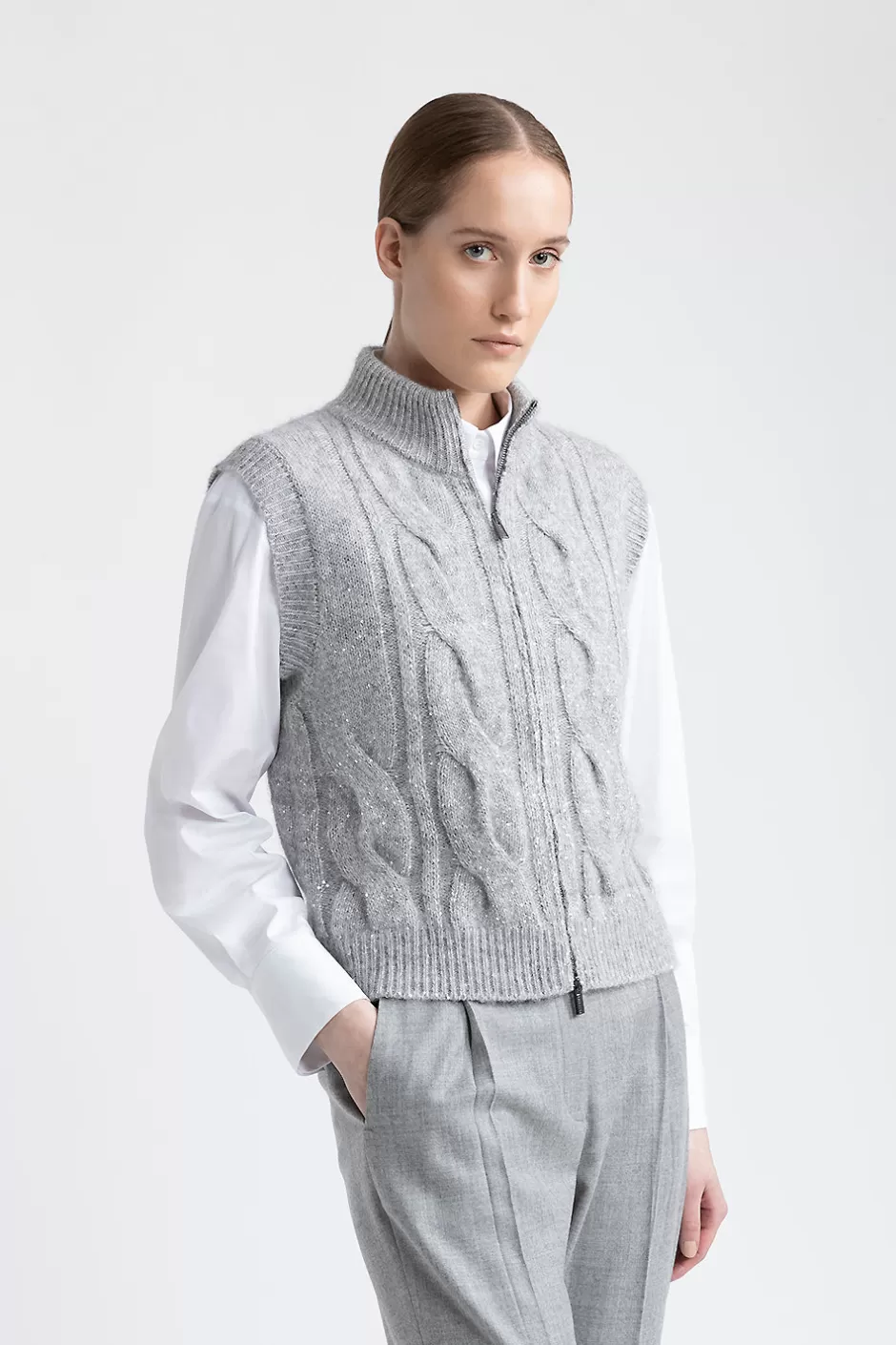Maglieria | Peserico Gilet A Collo Alto In Lana, Seta, Cashmere, Alpaca Con Lurex E Micropaillettes Granito