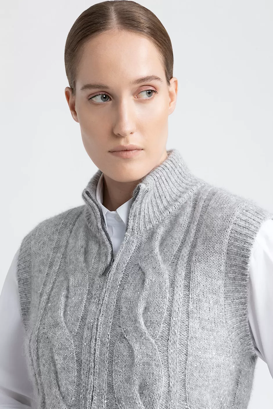 Maglieria | Peserico Gilet A Collo Alto In Lana, Seta, Cashmere, Alpaca Con Lurex E Micropaillettes Granito