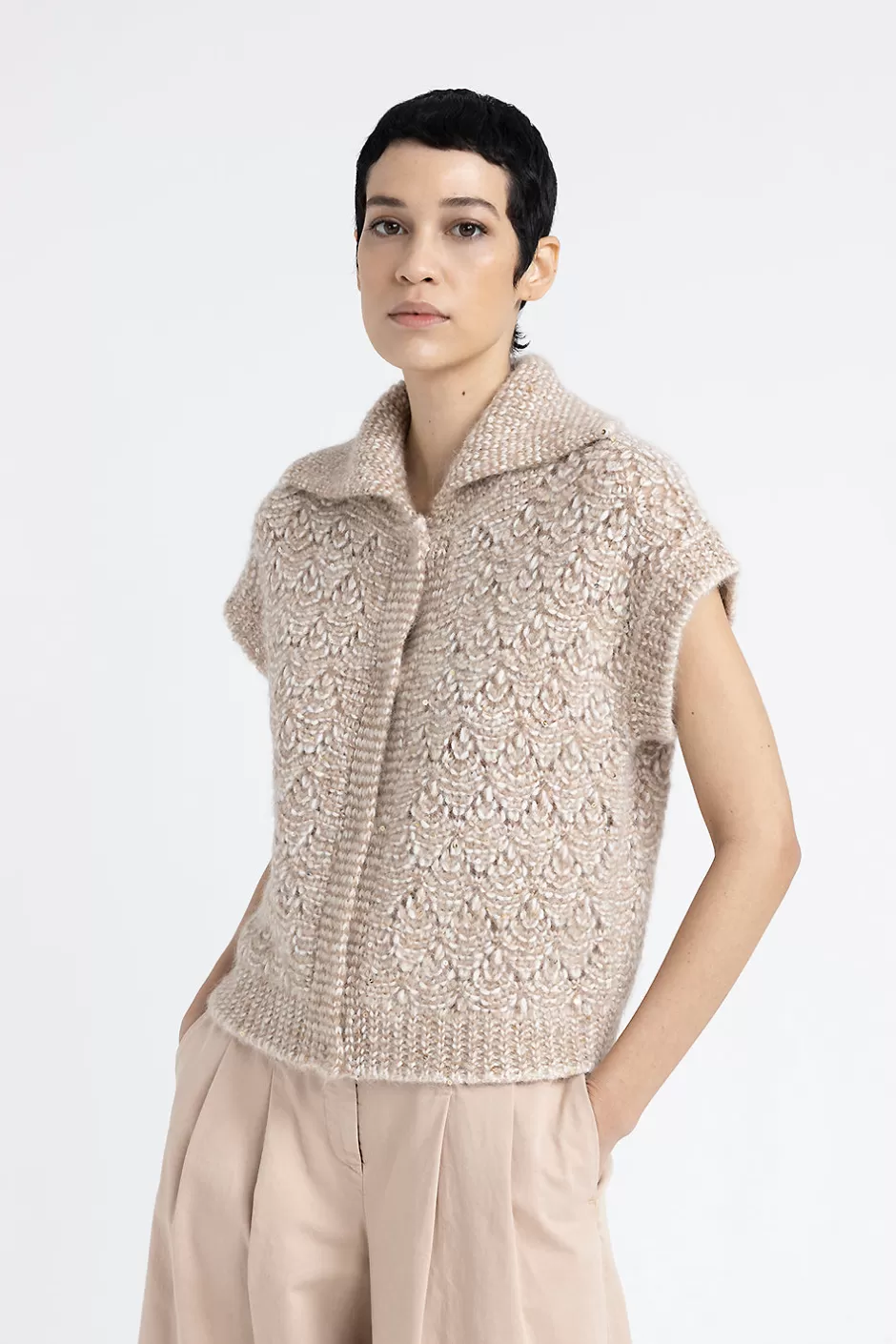 Maglieria | Peserico Gilet Con Bottoni In Filato Muliné Di Alpaca, Paillettes E Lurex Latte macchiato