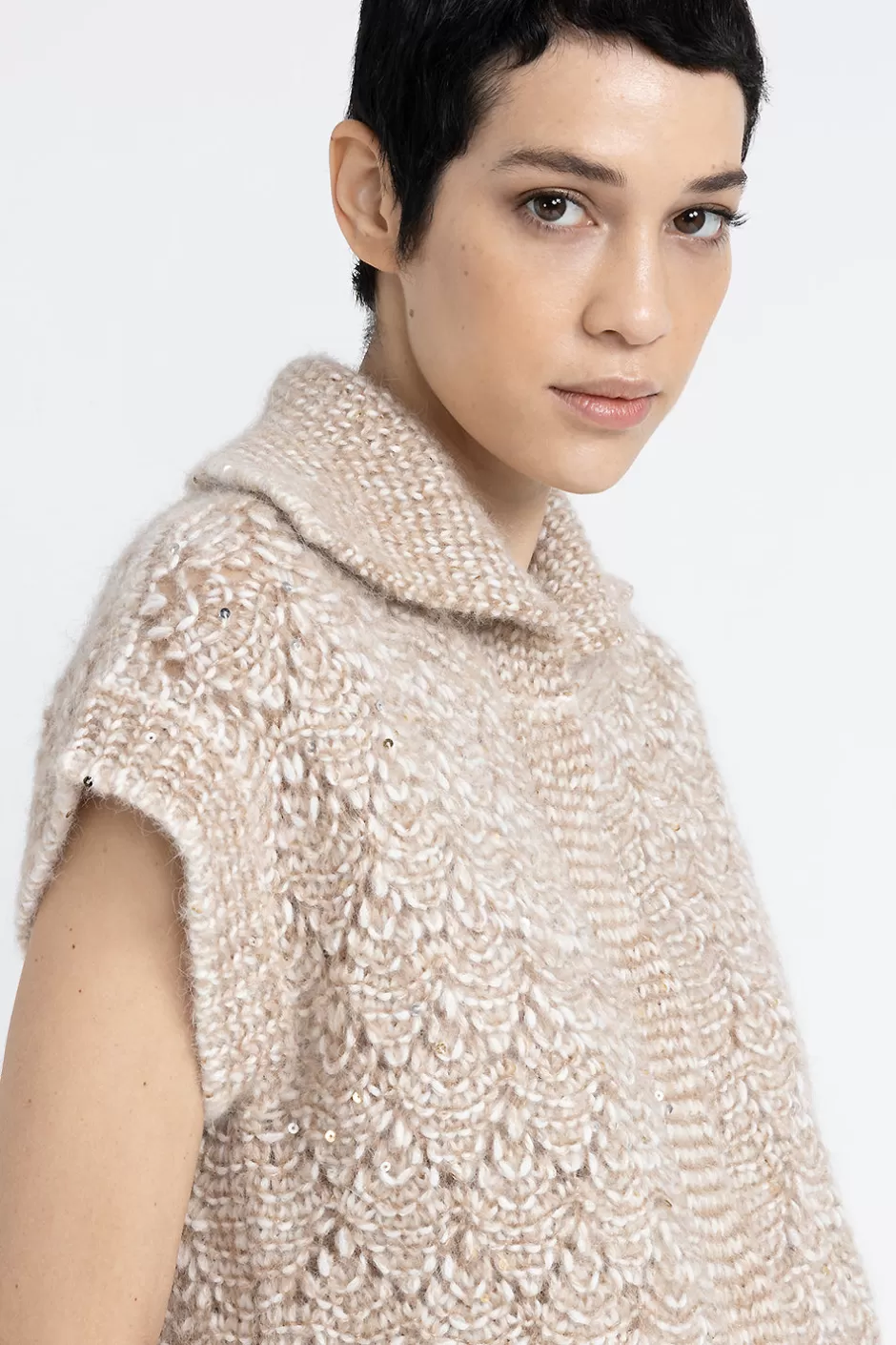 Maglieria | Peserico Gilet Con Bottoni In Filato Muliné Di Alpaca, Paillettes E Lurex Latte macchiato
