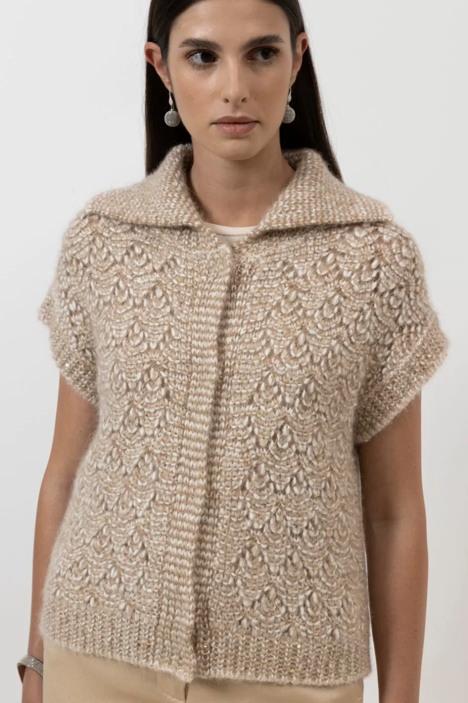 Maglieria | Peserico Gilet Con Bottoni In Filato Muliné Di Alpaca, Paillettes E Lurex Latte macchiato