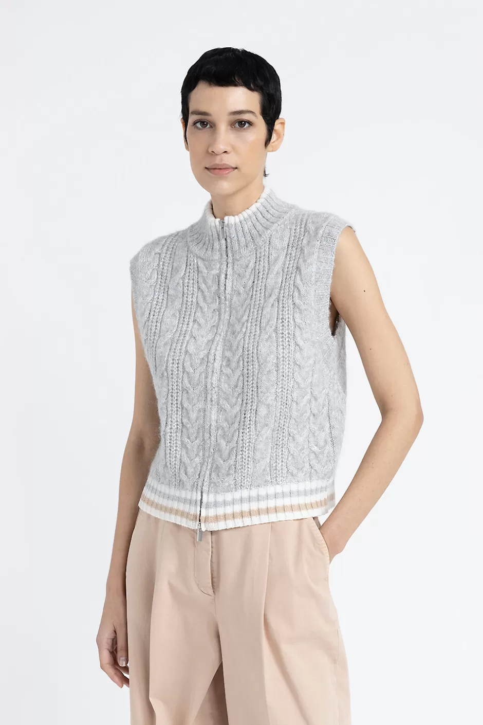 Maglieria | Peserico Gilet Con Zip A Trecce In Lana D'alpaca Lurex E Paillettes Grigio nebbia