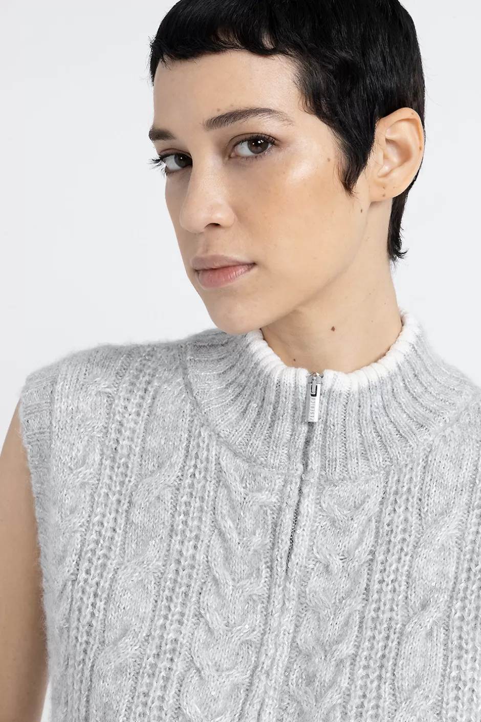 Maglieria | Peserico Gilet Con Zip A Trecce In Lana D'alpaca Lurex E Paillettes Grigio nebbia