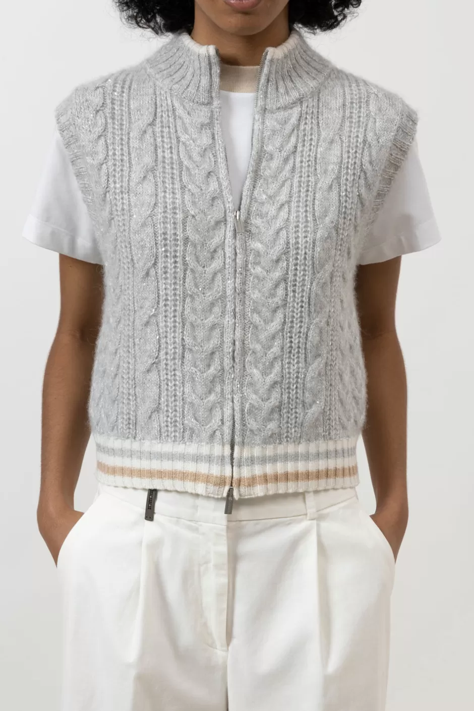 Maglieria | Peserico Gilet Con Zip A Trecce In Lana D'alpaca Lurex E Paillettes Grigio nebbia