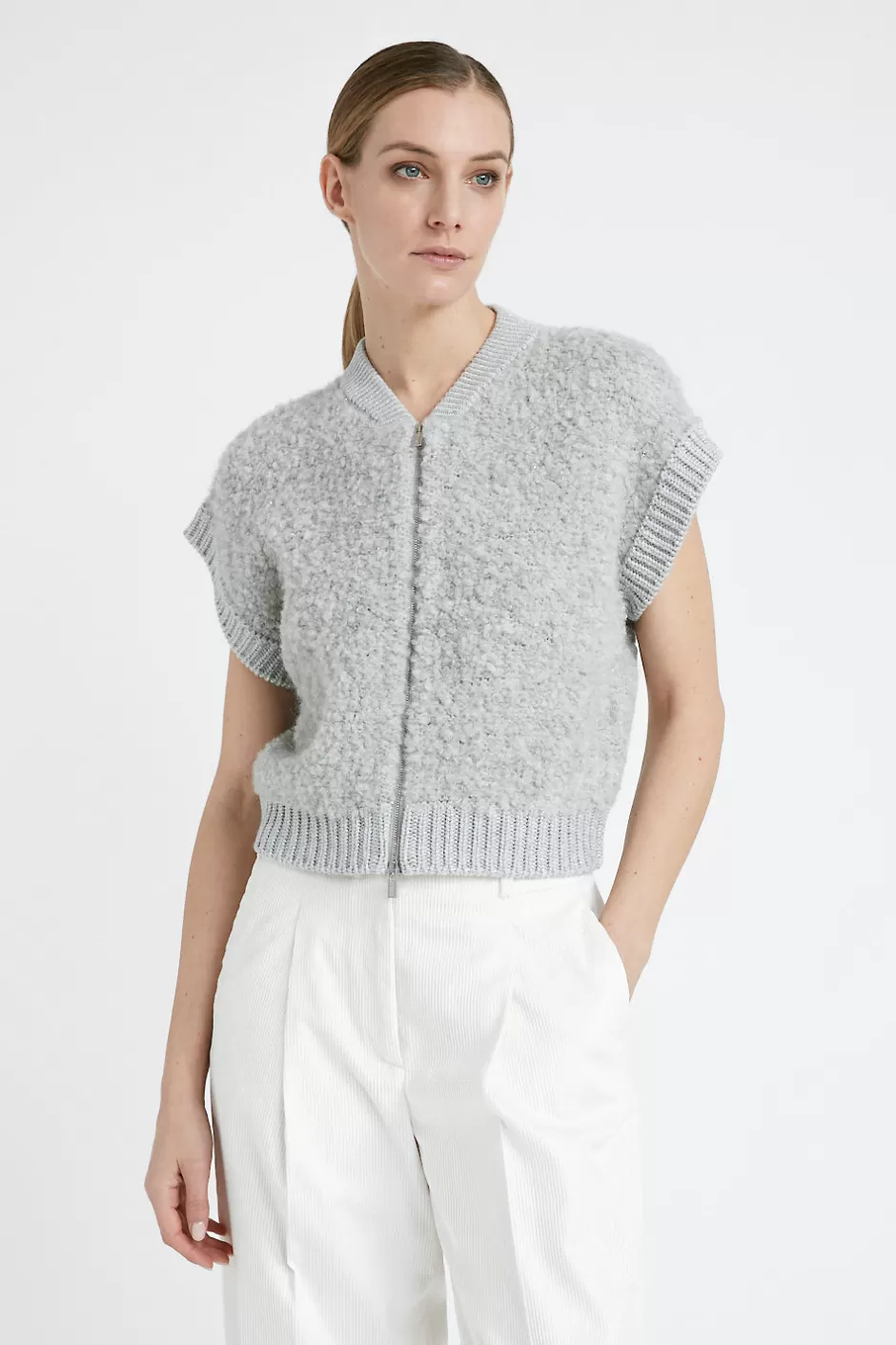Maglieria | Peserico Gilet Con Zip In Bouclé Di Lana D'alpaca, Cashmere, Seta E Lurex Grigio nebbia
