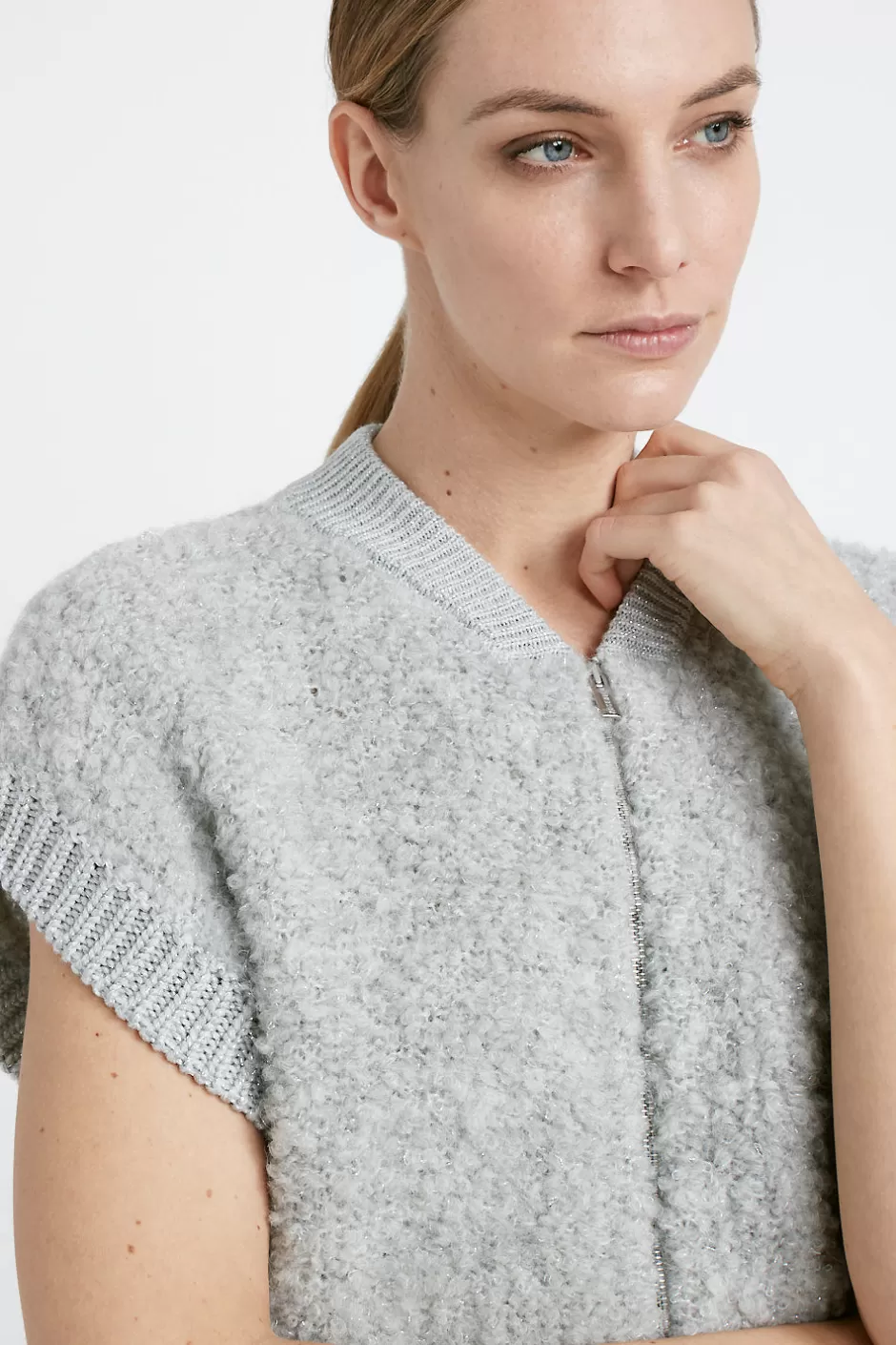 Maglieria | Peserico Gilet Con Zip In Bouclé Di Lana D'alpaca, Cashmere, Seta E Lurex Grigio nebbia