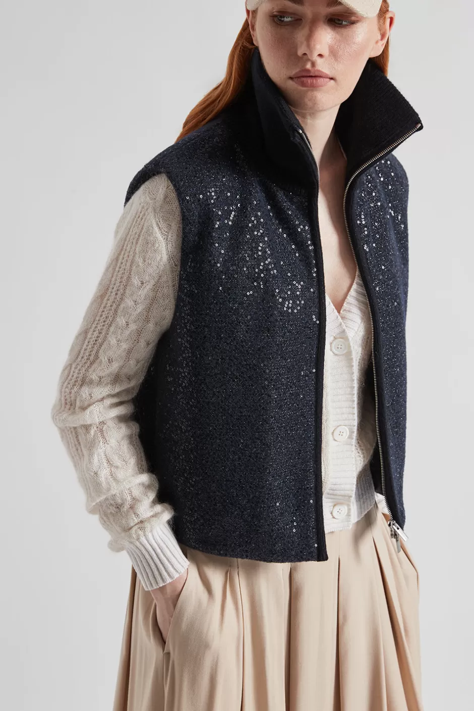 Capispalla | Peserico Gilet Imbottito In Panno Lurex Con Paillettes Blu calamaio