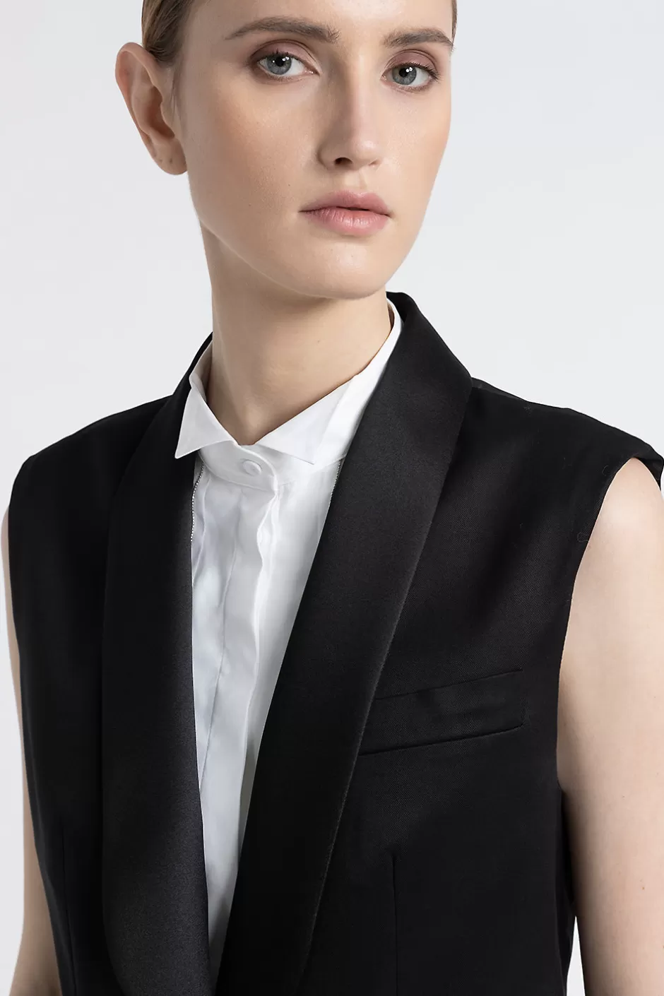 Blazer E Gilet | Peserico Gilet Monopetto In Twill Di Viscosa E Lana Con Dettagli In Raso Nero