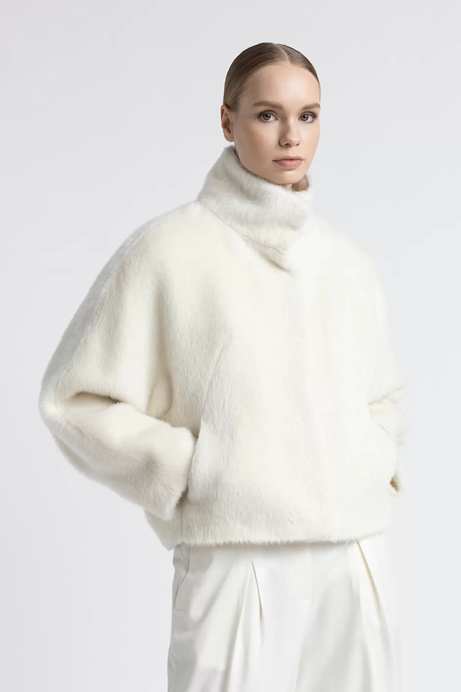 Capispalla | Peserico Giubbino In Panno A Pelo Lungo In Alpaca E Lana Bianco naturale